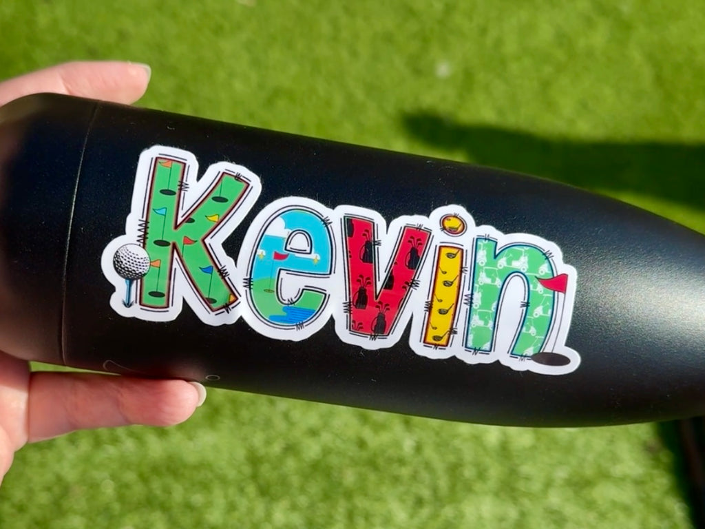 Golf Personalised Name Sticker.  Kevin Name Decal Label applied to drink water bottle
