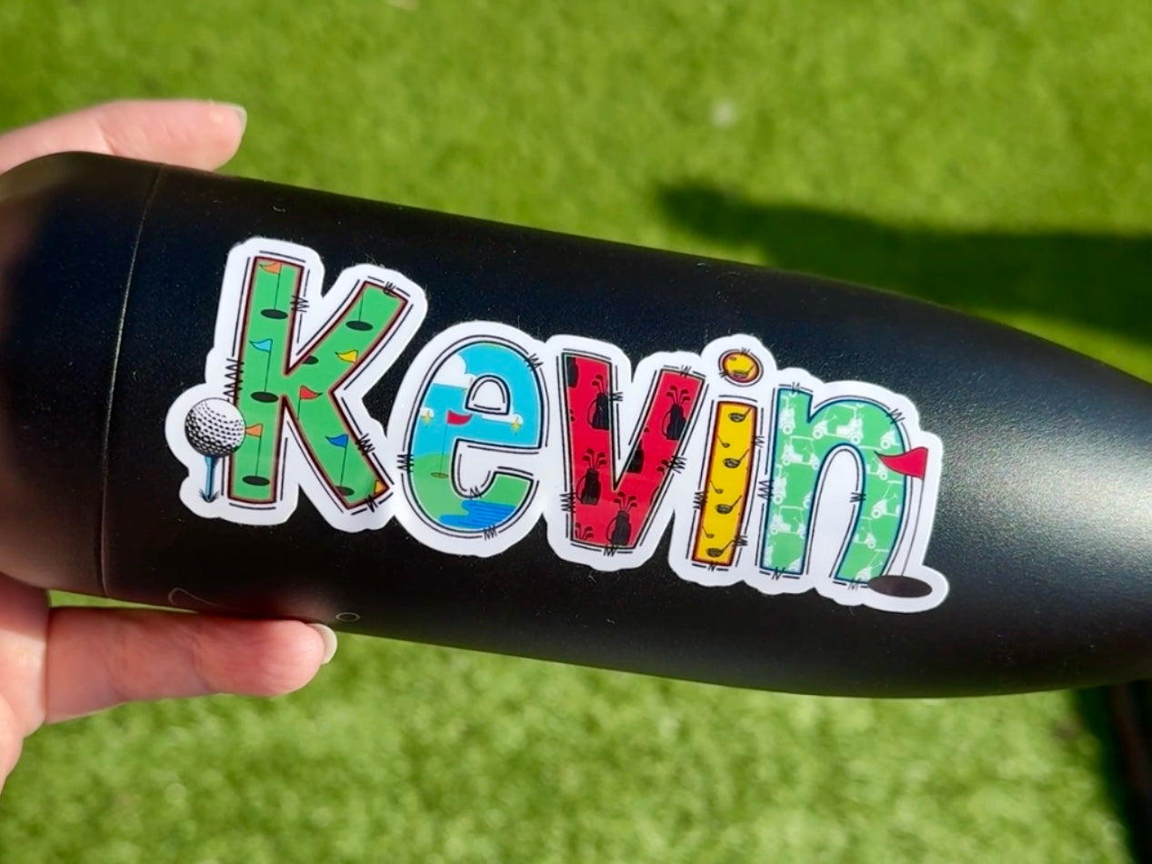 Golf Personalised Name Sticker.  Kevin Name Decal Label applied to drink water bottle