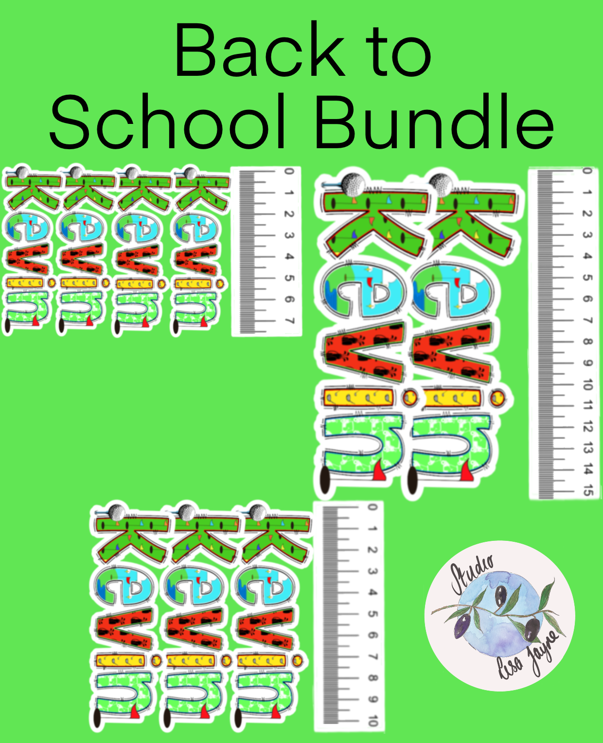 Golf Personalised Name Sticker.  Ideal to apply to drink water bottles, notebooks, laptops and tablets.  Infographic of our back to school bundle.  2 x 15cm, 3 x 10cm , 4 x 7.5cm