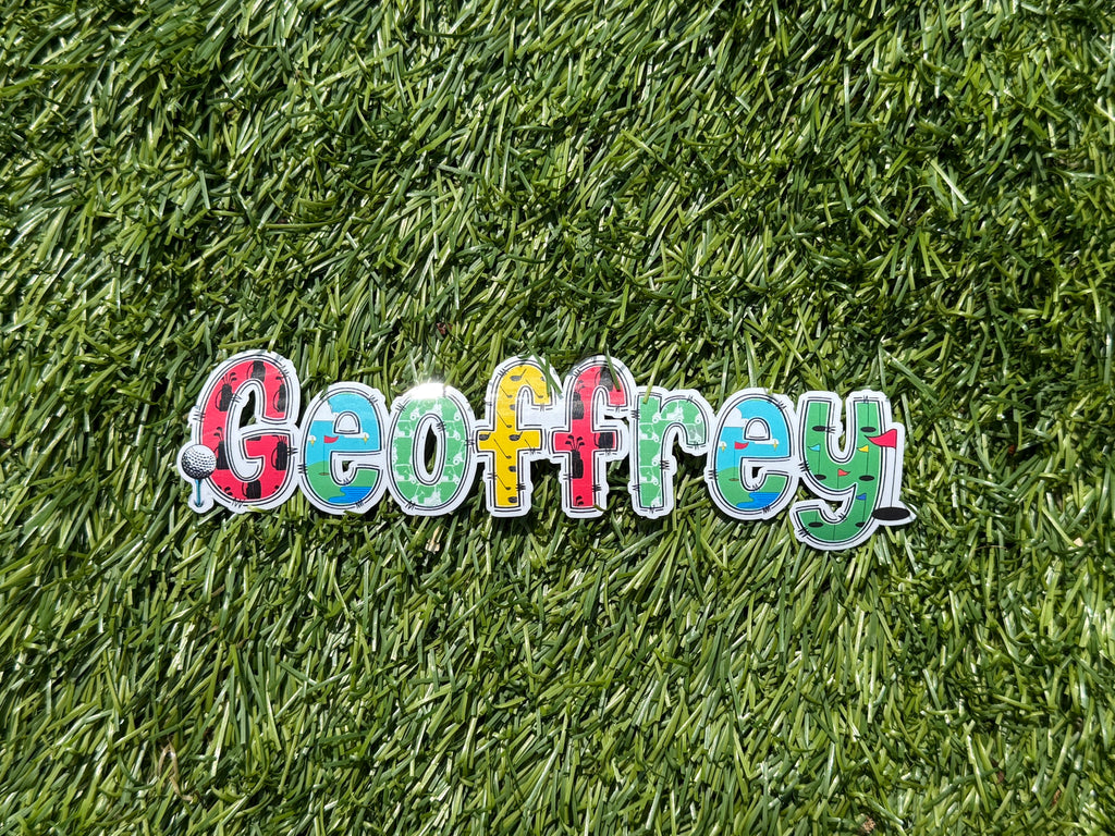 Golf Personalised Name Sticker.  Ideal to apply to drink water bottles, notebooks, laptops and tablets.  Geoffrey laid on golf green
