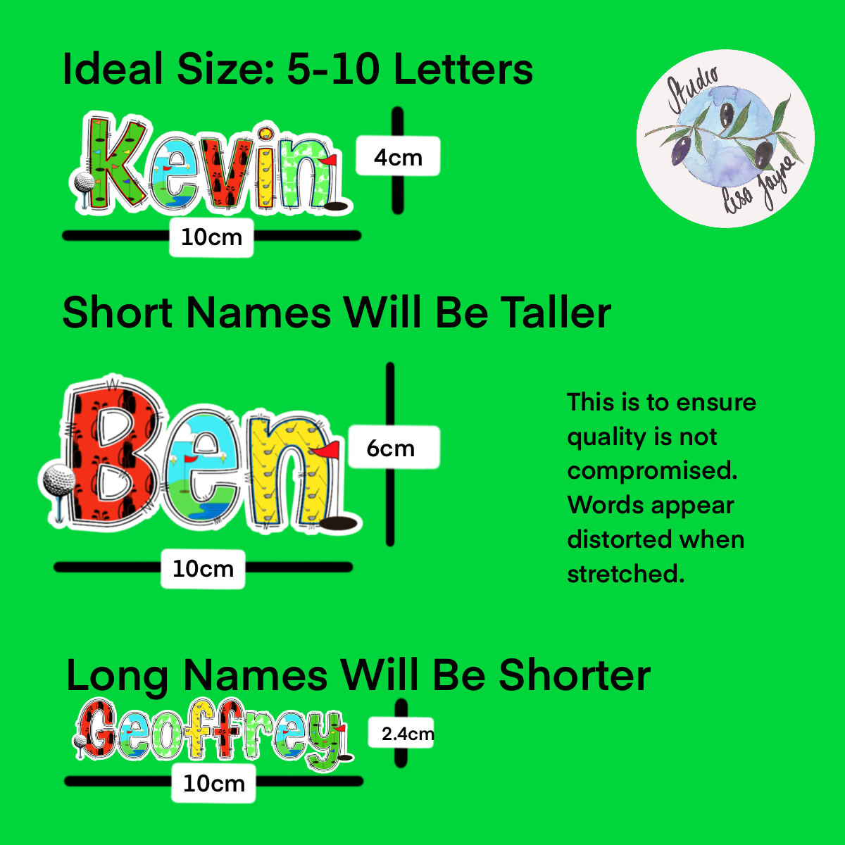 Golf Personalised Name Sticker.  Ideal to apply to drink water bottles, notebooks, laptops and tablets.  Infographic showing size differences of names