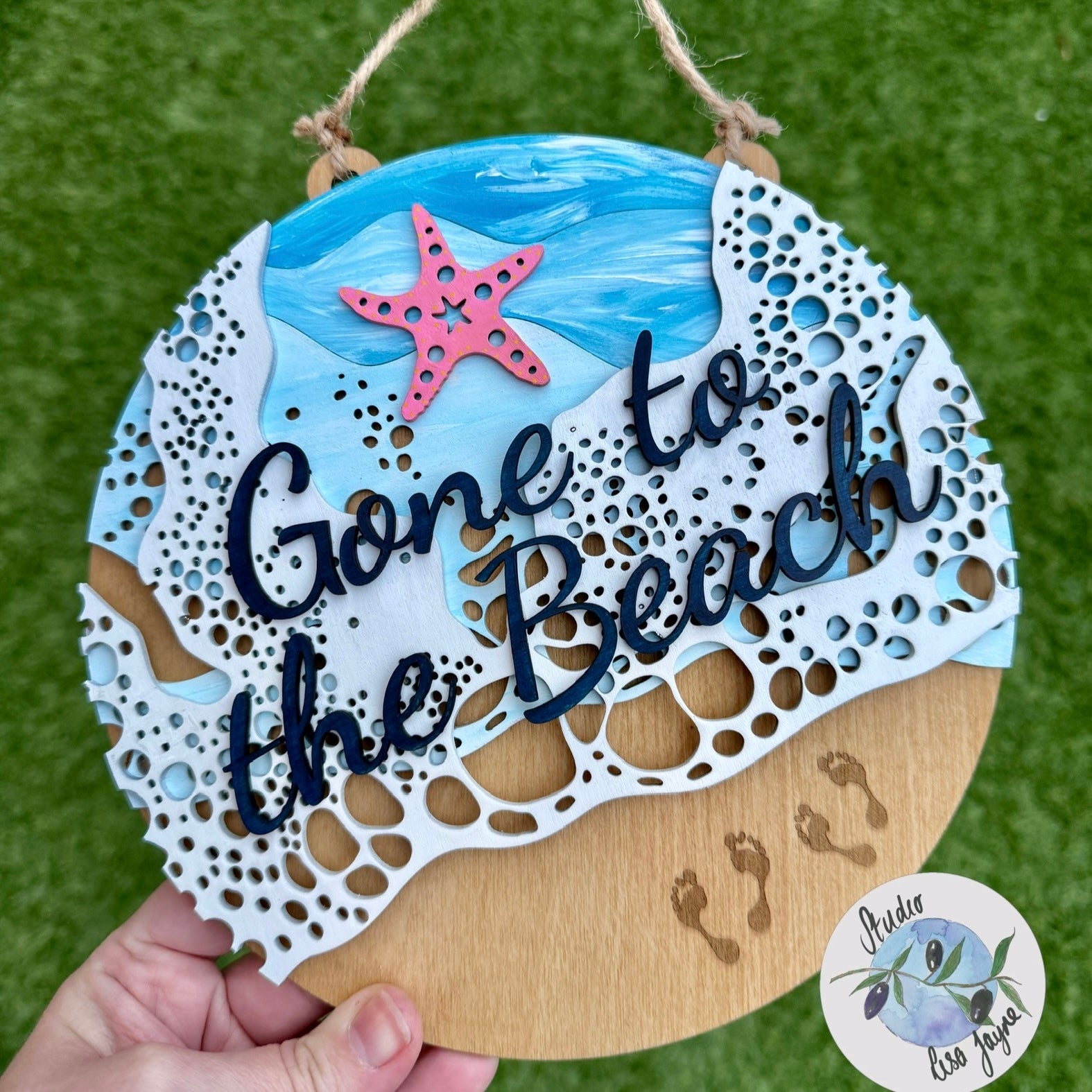 Gone to the Beach Layered Beach Sea Ocean Hanging Wooden Sign Grassy Backdrop