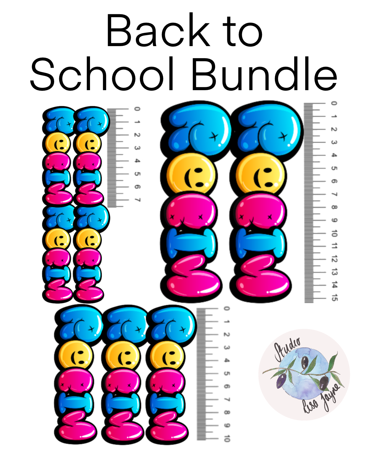 Graffiti Bubble Balloon Name Sticker Personalised - Infographic of a back to school bundle for kids.  2 x 15cm, 3 x 10cm, 4 x 7.5cm labels