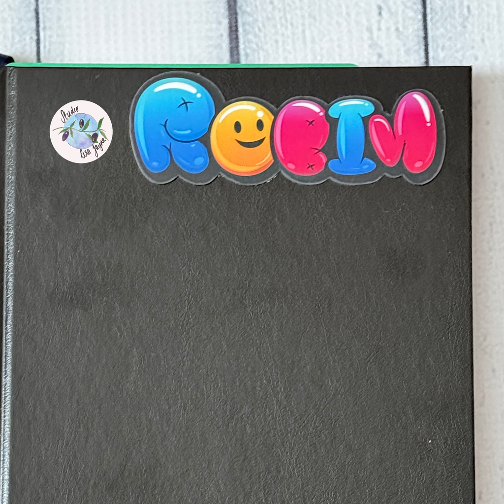 Graffiti Bubble Balloon Name Sticker Personalised - Robin Colourful sticker on a notebook