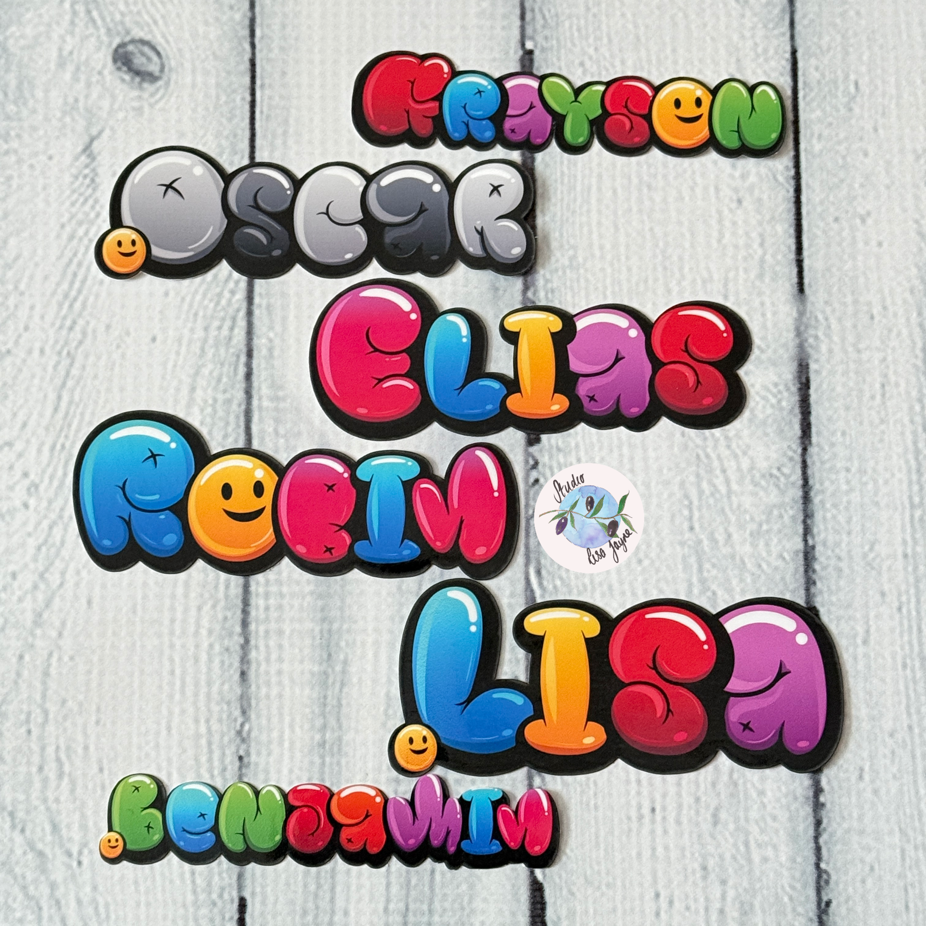 Graffiti Bubble Balloon Name Sticker Personalised - Colourful and Greyscale names Grayson, Oscar, Elias, Robin, Lisa, Benjamin