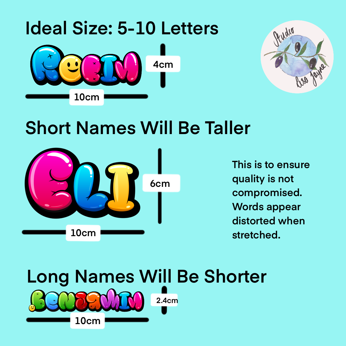 Graffiti Bubble Balloon Name Sticker Personalised.  Size chart showing that a 3 letter name would be taller (e.g. 6cm) and an 8 letter name would be shorter (2.4cm)