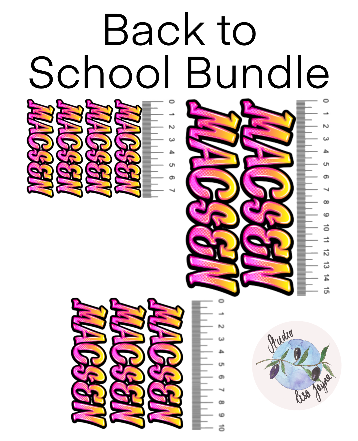 Graffiti Name Personalised Sticker Orange Pink Purple Green Blue Gradient stippling and comic style.  Back to school bundle includes 2 x 15cm, 3 x 10cm and 4 x 7.5cm