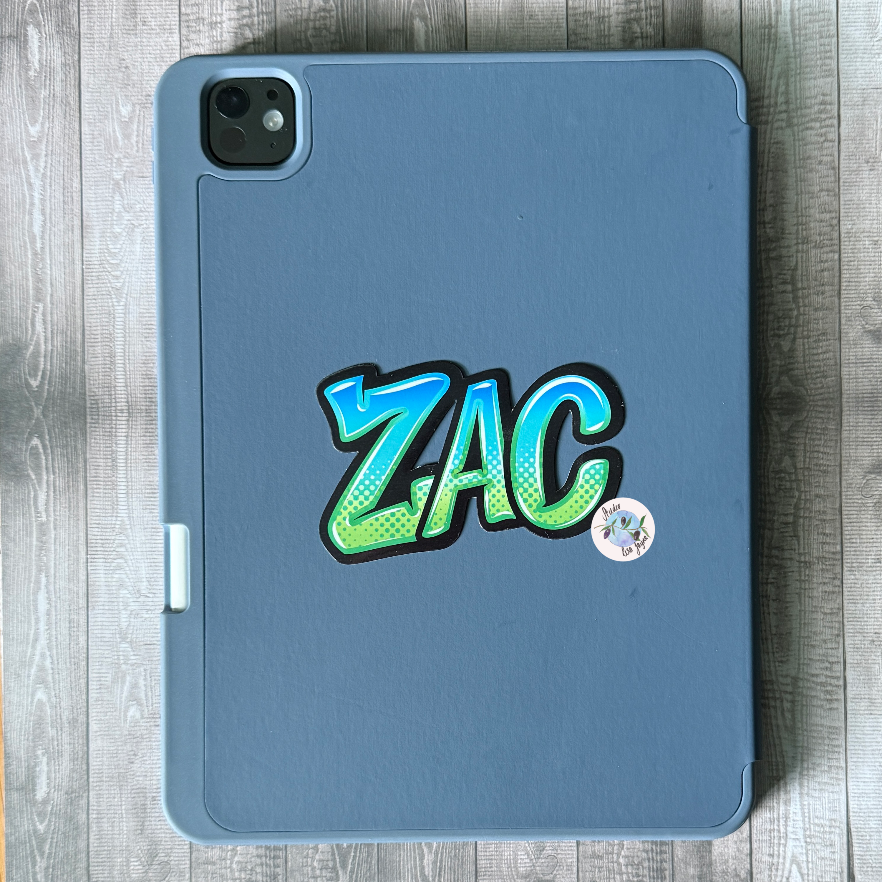 Graffiti Name Personalised Sticker Green Blue  Turquoise Zac stippling and comic style on iPad Case