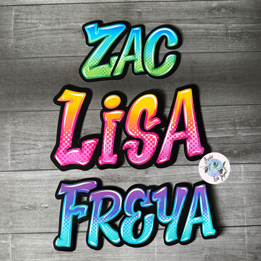 Graffiti Name Personalised Sticker Orange Pink Purple Green Blue - Zac, Lisa and Freya.  Gradient stippling and comic style
