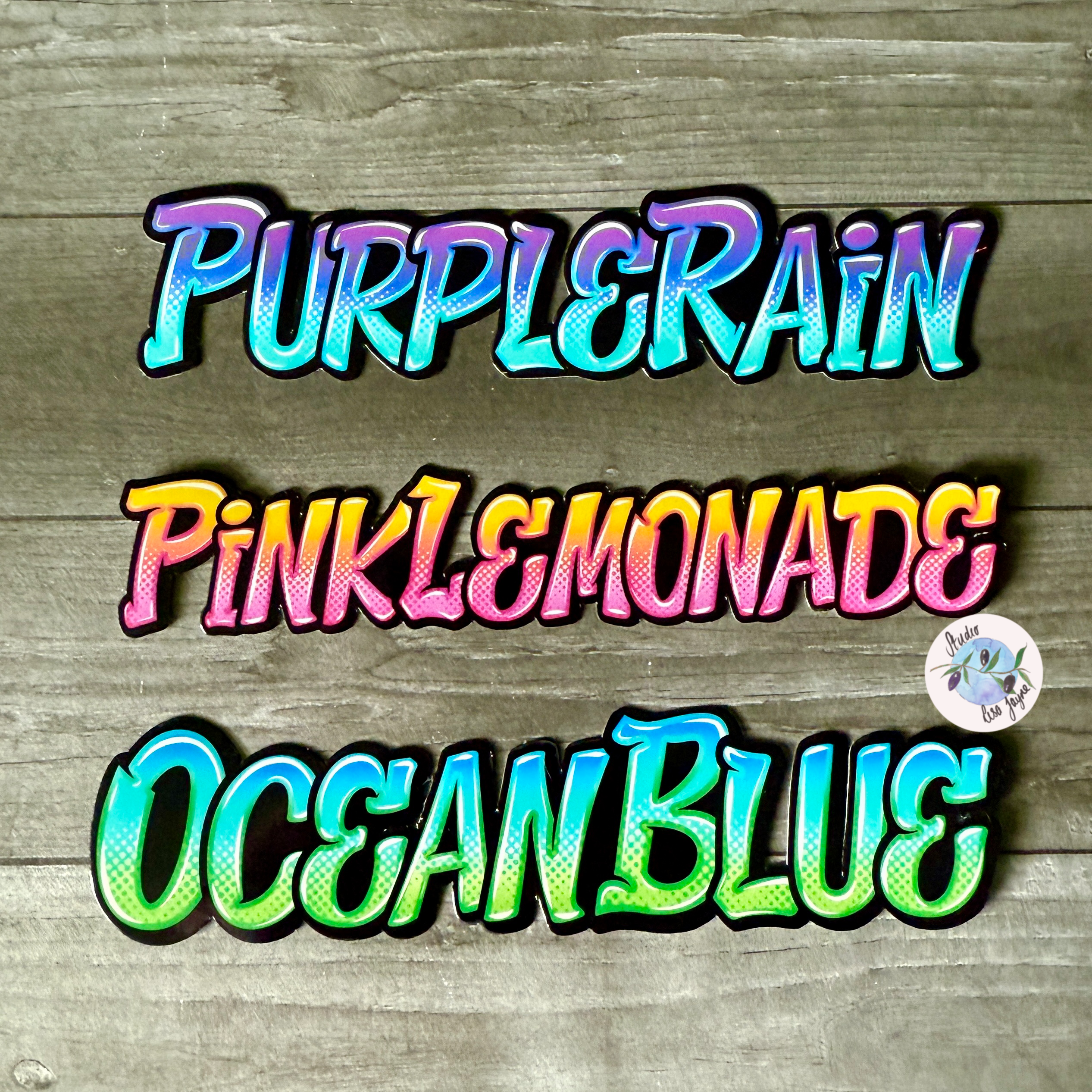 Graffiti Name Personalised Sticker Orange Pink Purple Green Blue - Choose your font style.  Gradient stippling and comic style laid out on wooden backdrop 