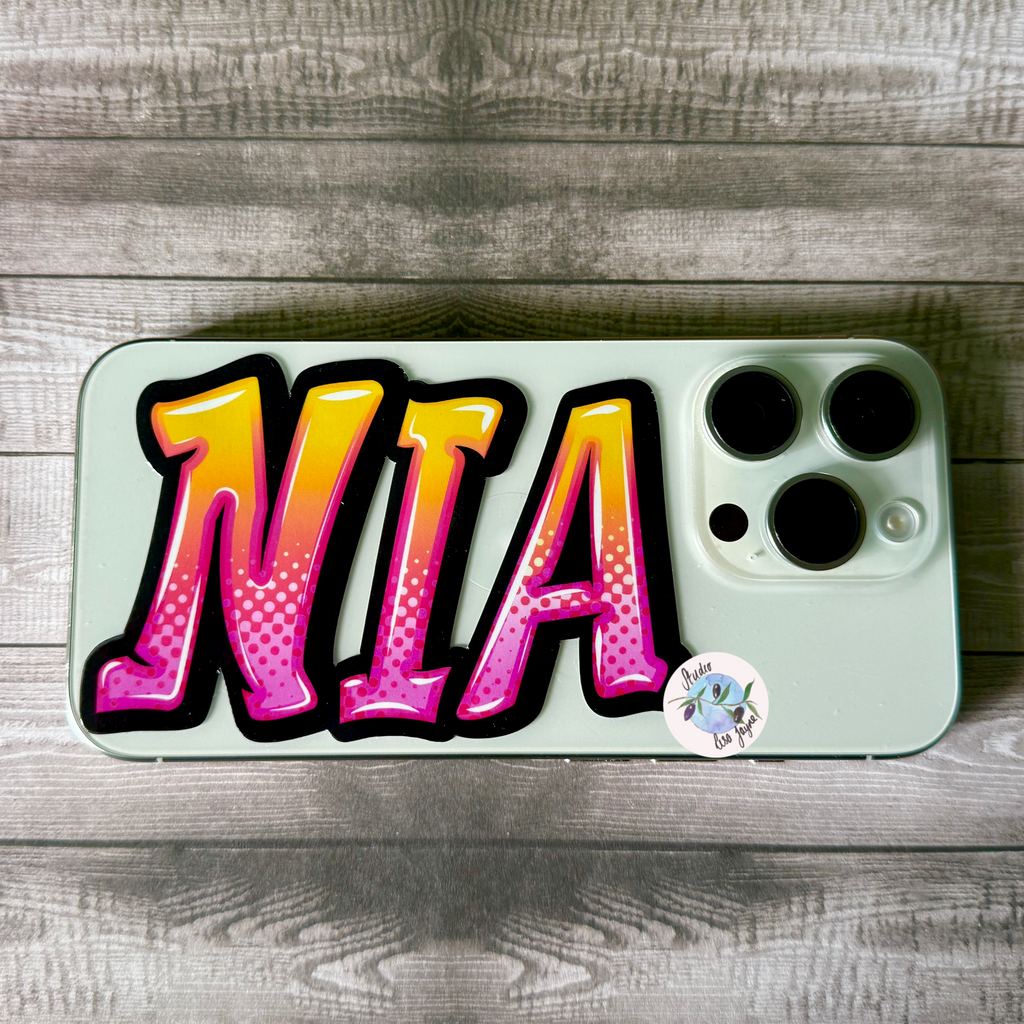 Graffiti Name Personalised Sticker Orange Pink - Nia.  Gradient stippling and comic style on iPhone