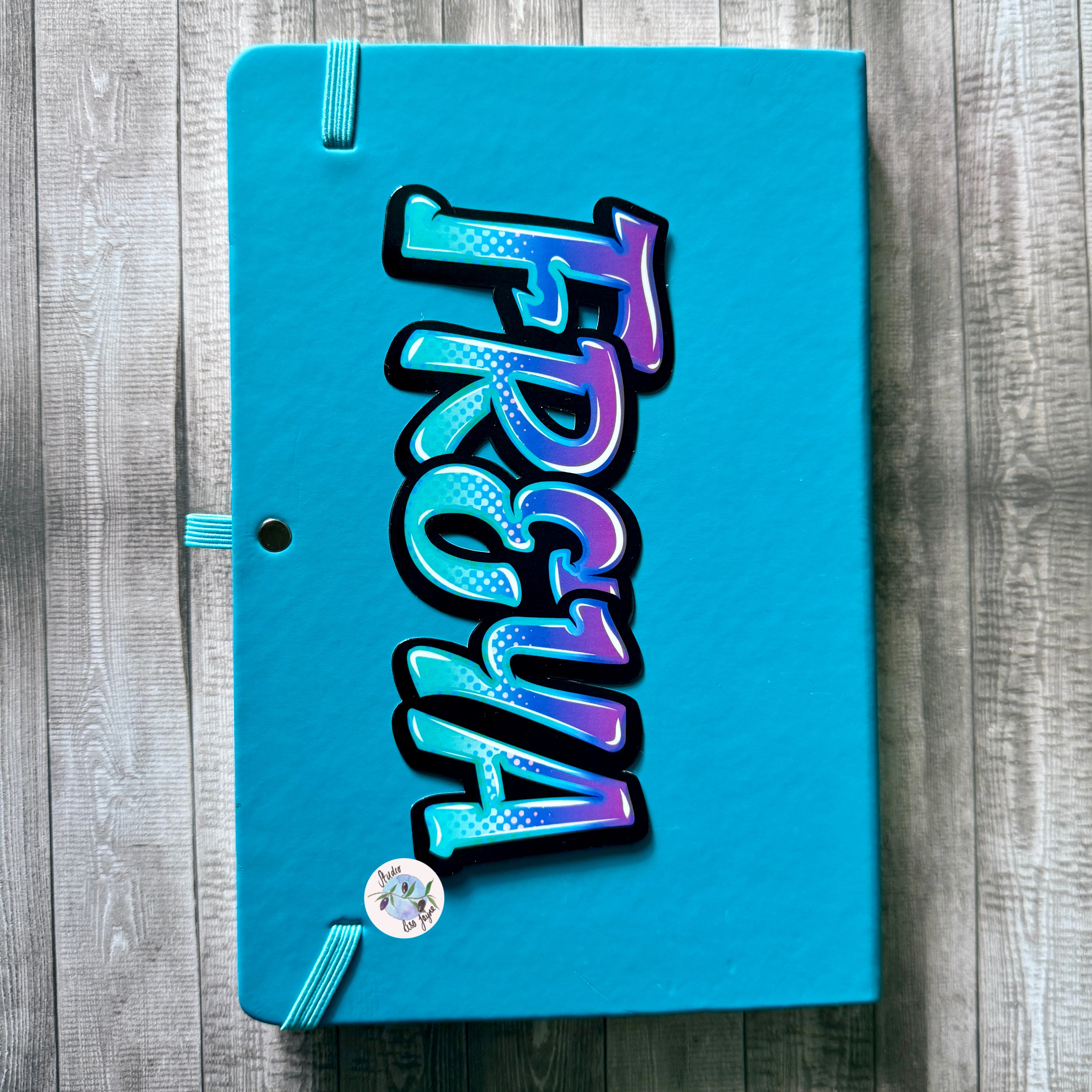 Graffiti Name Personalised Sticker Purple Blue Turquoise - Freya.  Gradient stippling and comic style on notebook