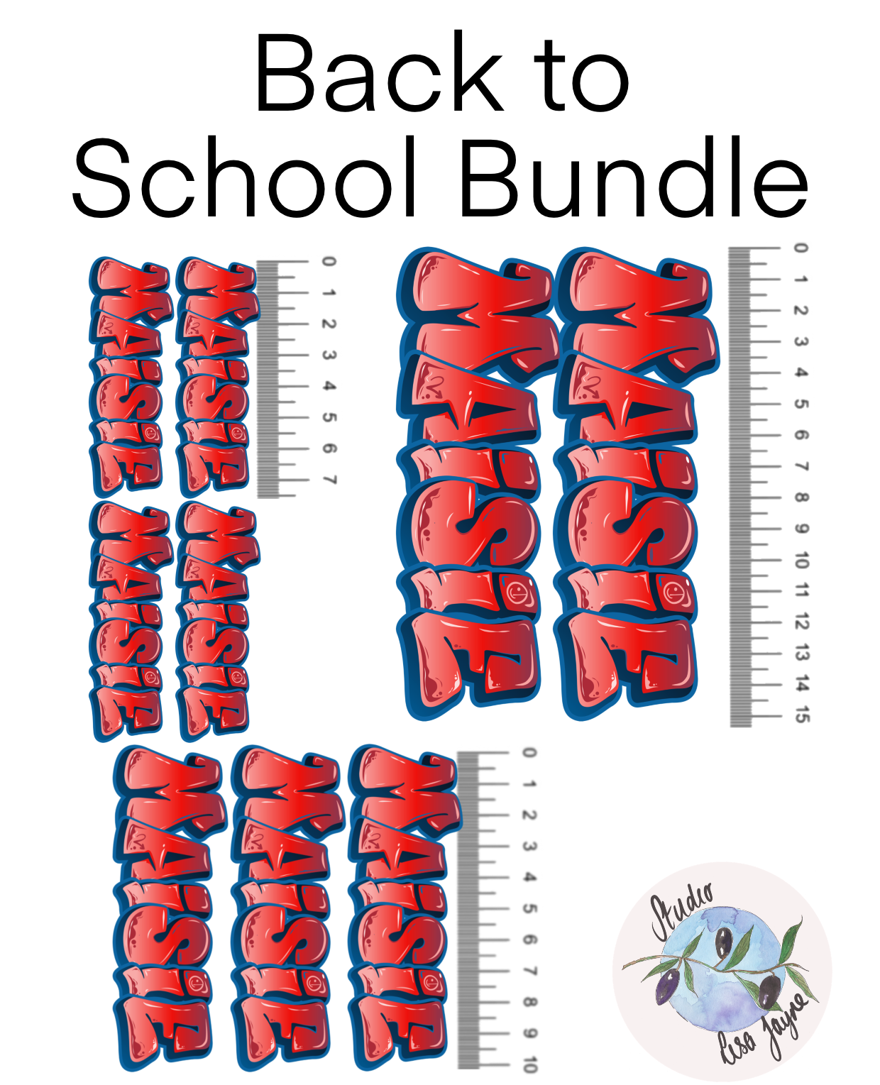 Infographic showing Graffiti Name Stickers that would be included in a Back 2 School bundle.  Bundle includes 2 x 15cm, 3 x 10cm and 4 x 7.5cm