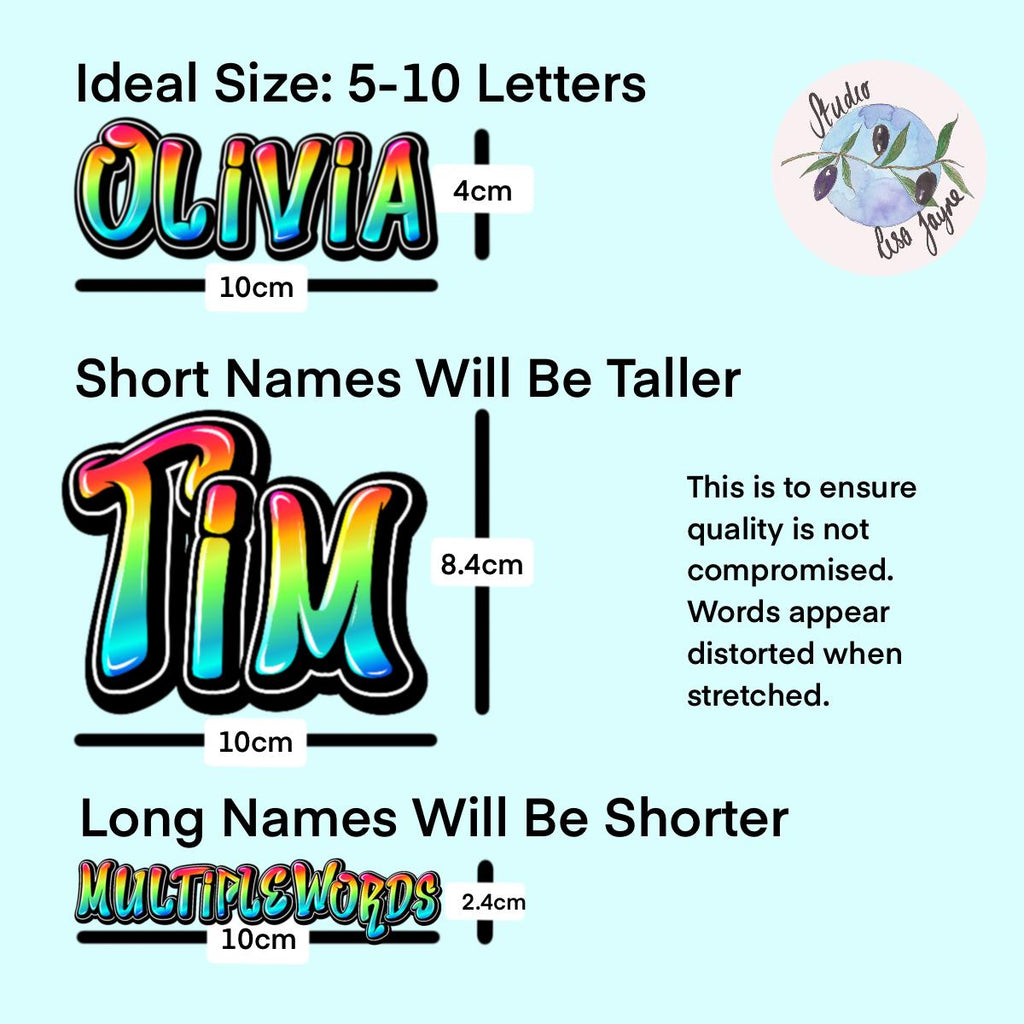 Infographic showing how the ratio size of stickers will be different for long and short names