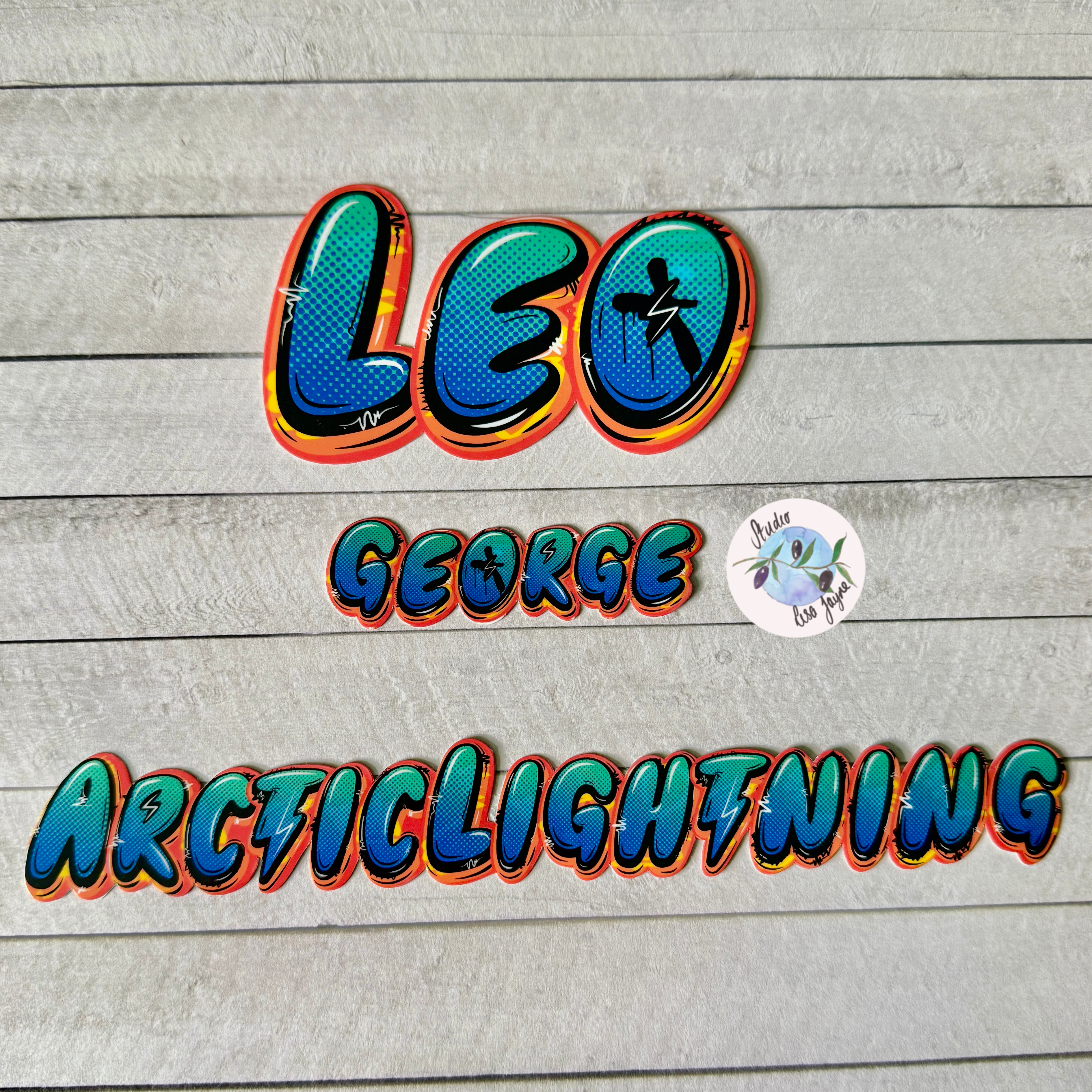 Graffiti Personalised Waterproof Vinyl Lightning Bolt Name Sticker turquoise, blue Stippled gradient on Green Backdrop.   Example names Leo and George