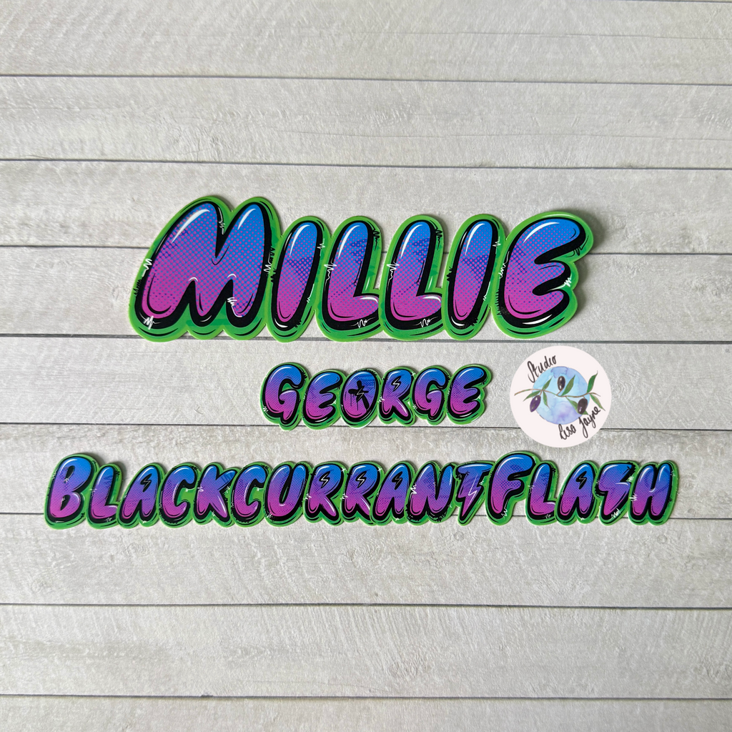Graffiti Personalised Waterproof Vinyl Lightning Bolt Name Sticker Blue and Purple Stippled gradient on Green Backdrop.   Customised iPad case
