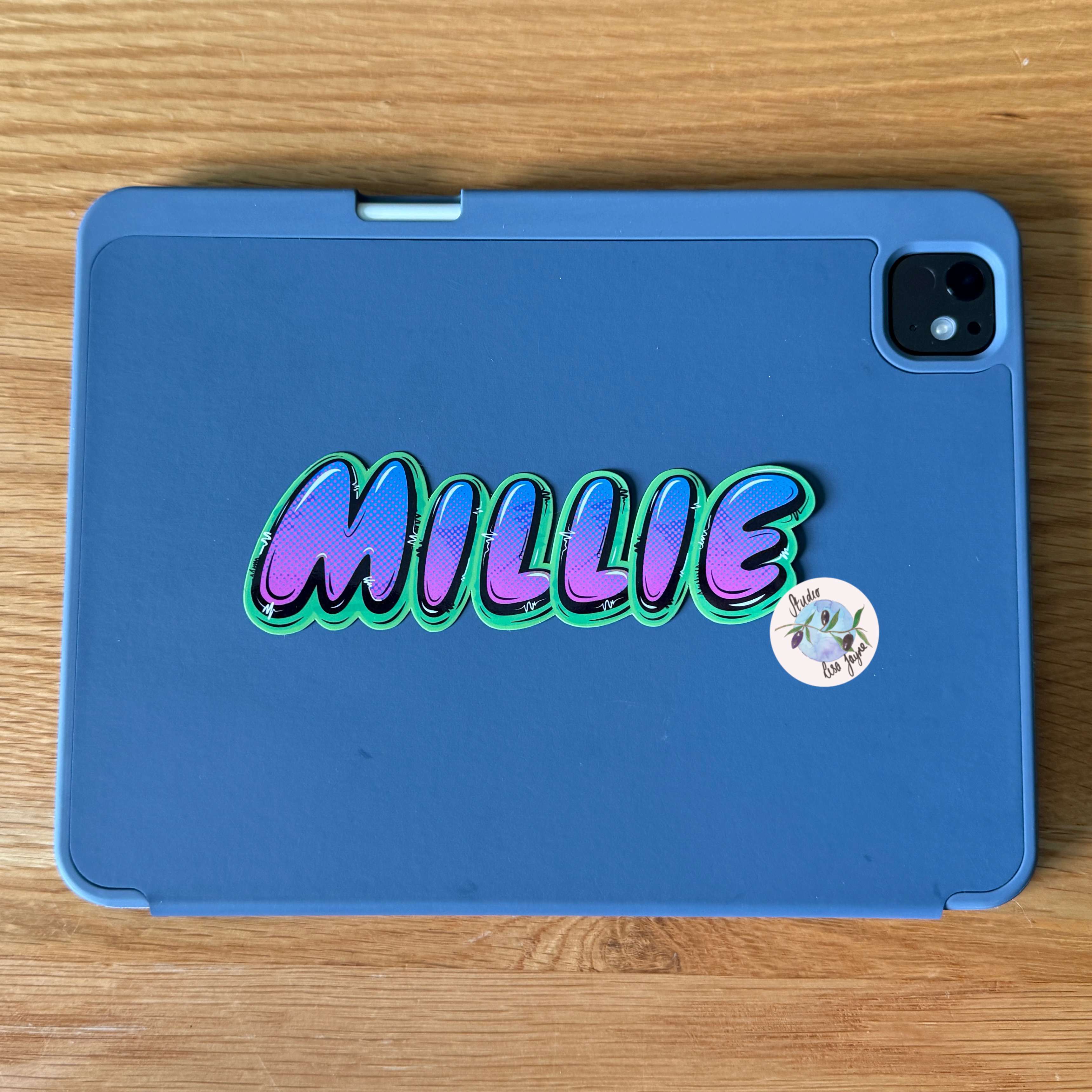 Graffiti Personalised Waterproof Vinyl Lightning Bolt Name Sticker Purple Stippled gradient on Green Backdrop.   Customised iPad case