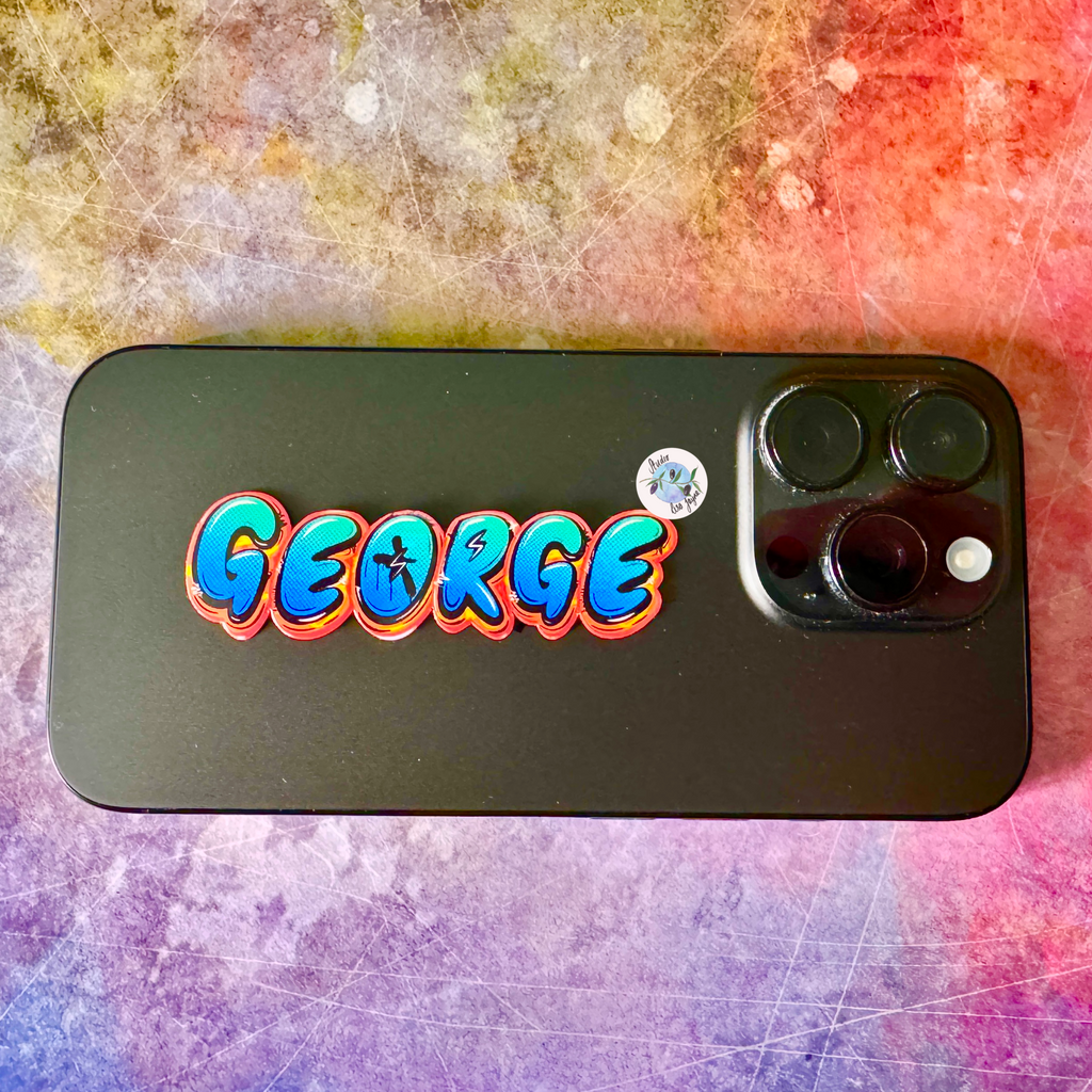 Graffiti Personalised Waterproof Vinyl Lightning Bolt Name Sticker turquoise and blue Stippled gradient on orange Backdrop.   Customised iPhone