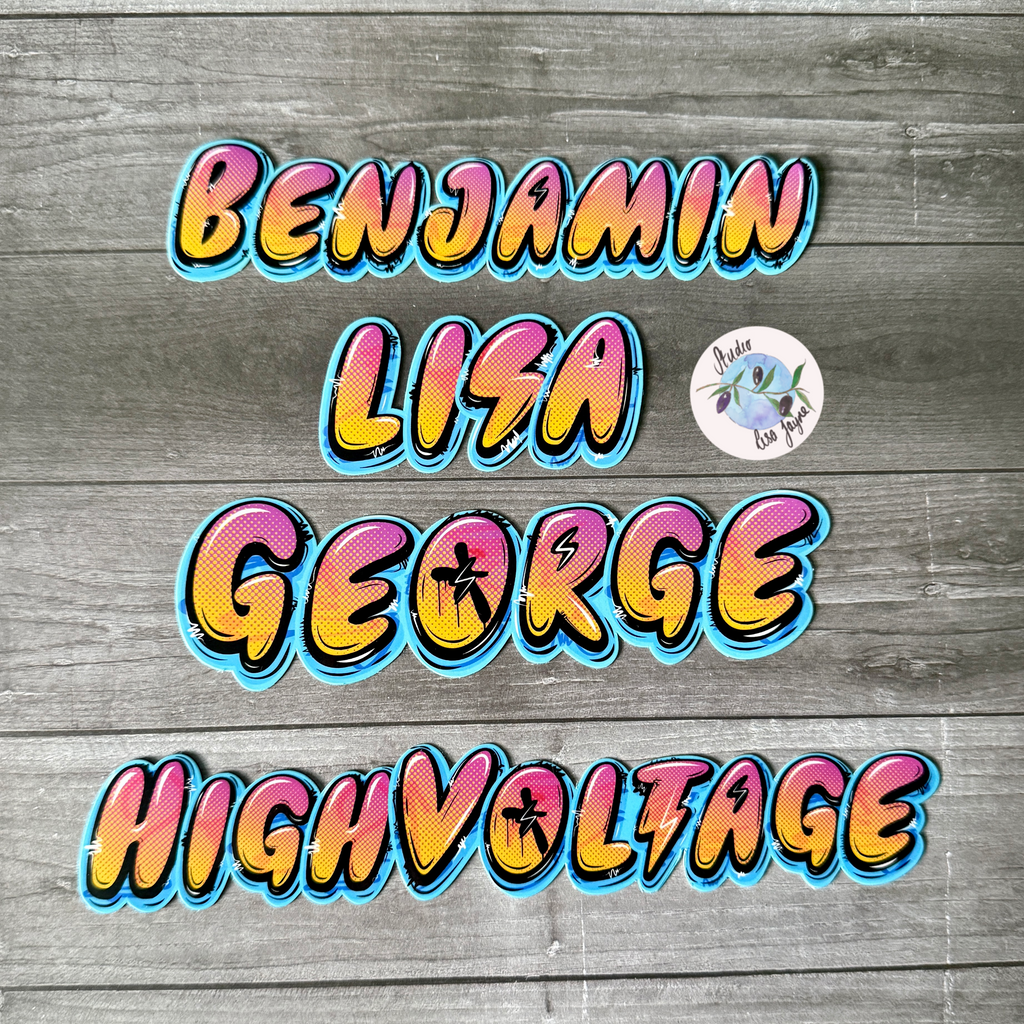 Graffiti Personalised Waterproof Vinyl Lightning Bolt Name Sticker orange and Pink Stippled gradient on Green Backdrop.   Example names Benjamin, Lisa, George
