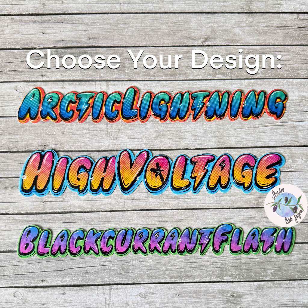 Graffiti Personalised Waterproof Vinyl Lightning Bolt Name Sticker.  Option between Artic Lightning, High Voltage and Blackcurrant Flash