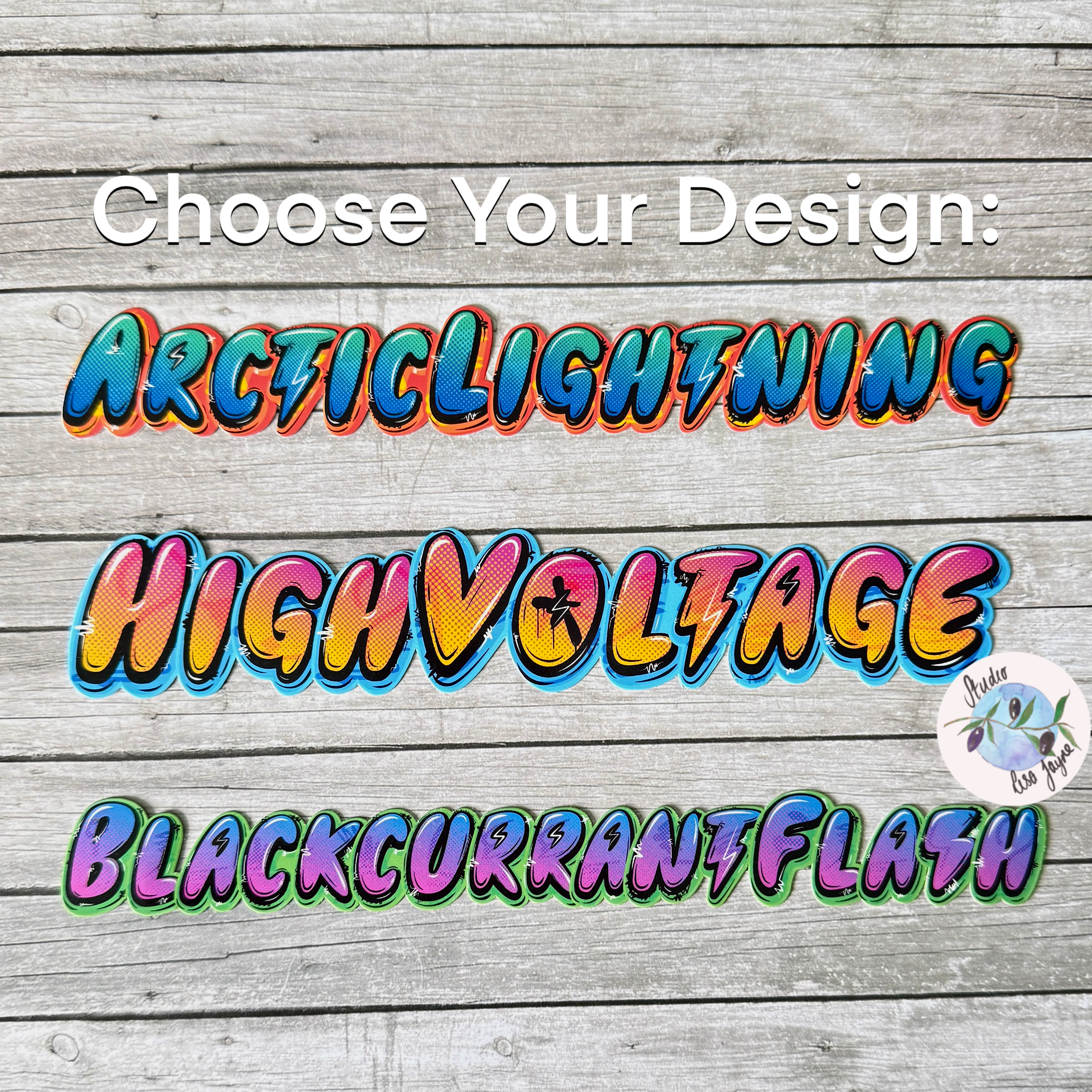 Graffiti Personalised Waterproof Vinyl Lightning Bolt Name Sticker.  Option between Artic Lightning, High Voltage and Blackcurrant Flash