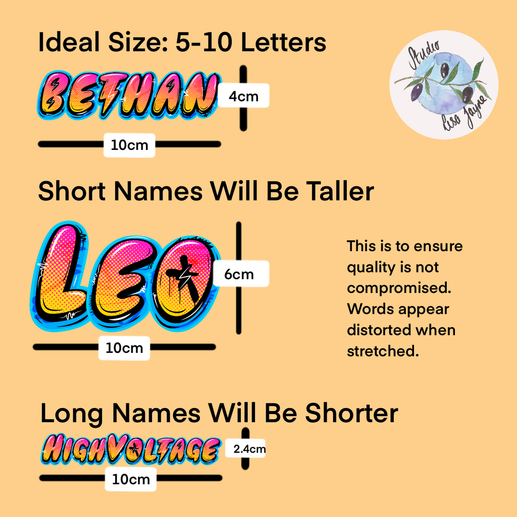 Graffiti Personalised Waterproof Vinyl Lightning Bolt Name Sticker.  Short names like Leo will be tall (e.g. 6cm) and long names will be shorr (i.e. 2.4cm)