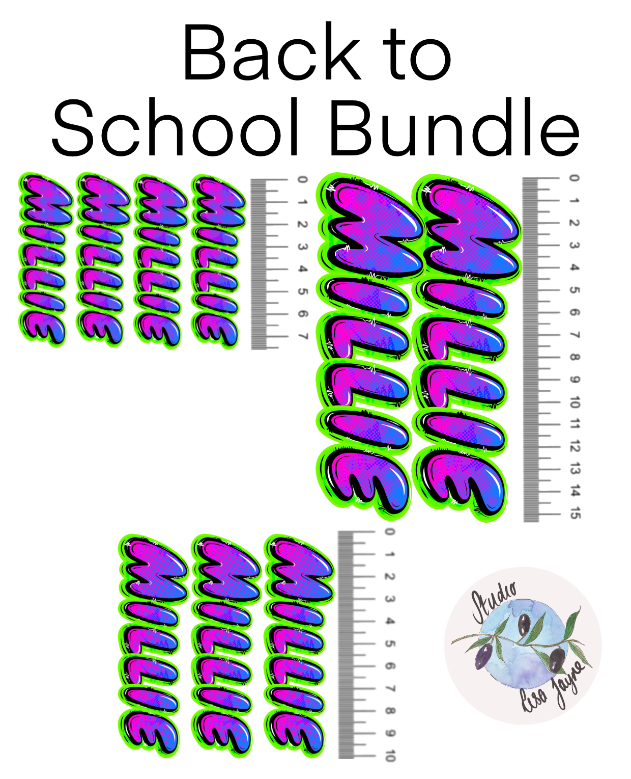 Graffiti Personalised Waterproof Vinyl Lightning Bolt Name Sticker.  Bundle contains 2 x 15cm, 3 x 10cm and 4 x 7.5cm
