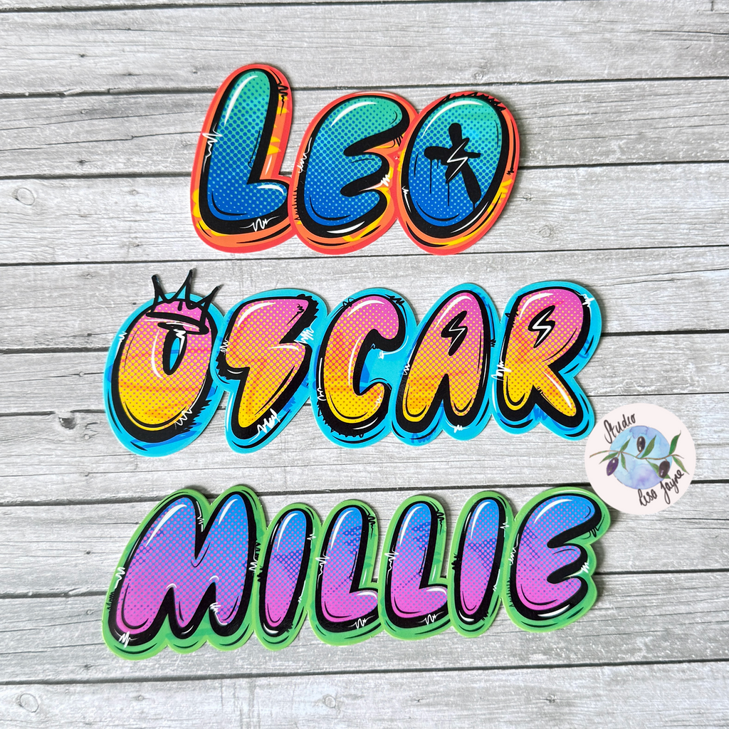 Graffiti Personalised Waterproof Vinyl Name Sticker Orange Pink Green Lightning Bolt
