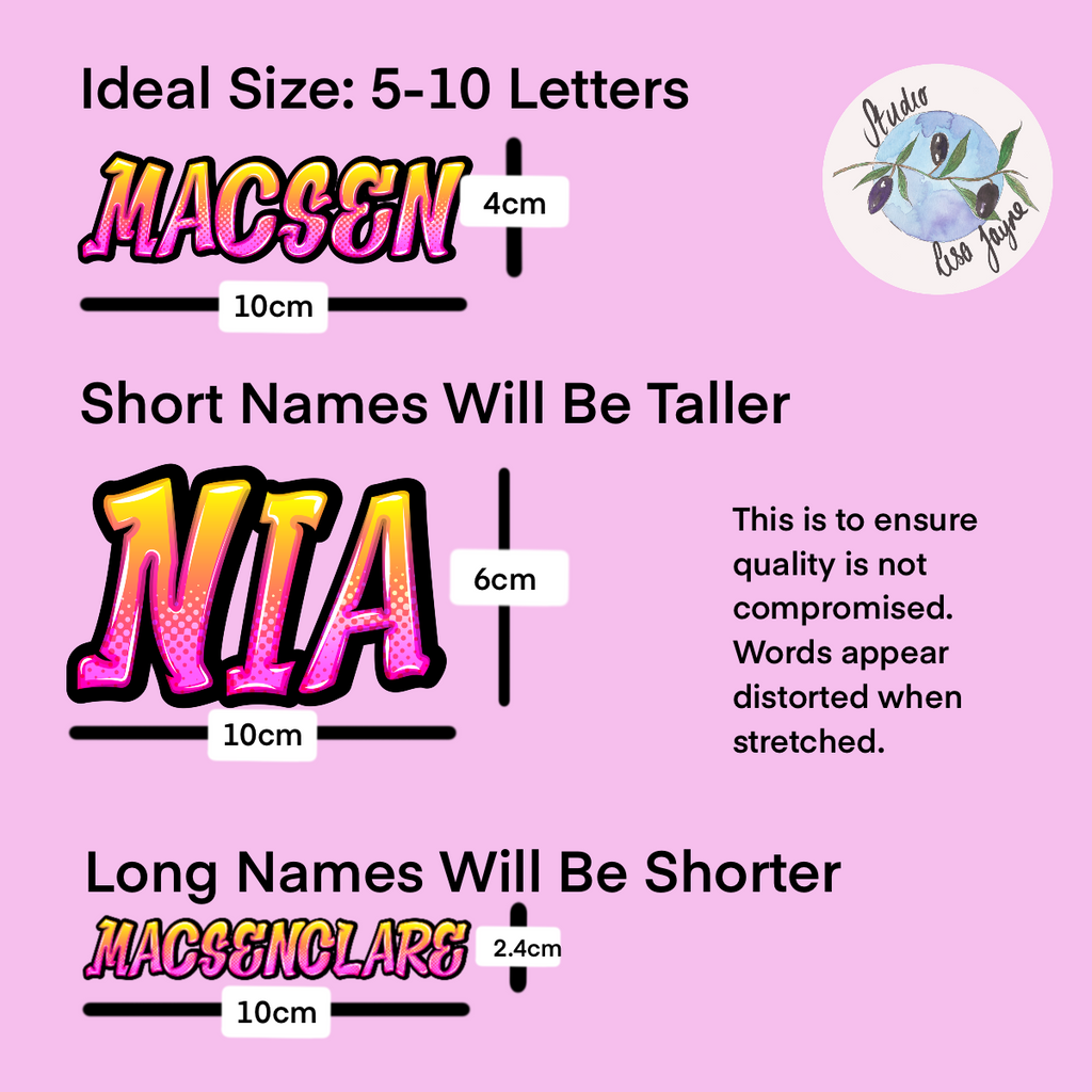 Graffiti Name Personalised Sticker Orange Pink Gradient stippling and comic style.  Infographic showing that shorter names like Nia will be tall (e.g. 6cm) and longer names will be shorter e.g. 2.4cm high