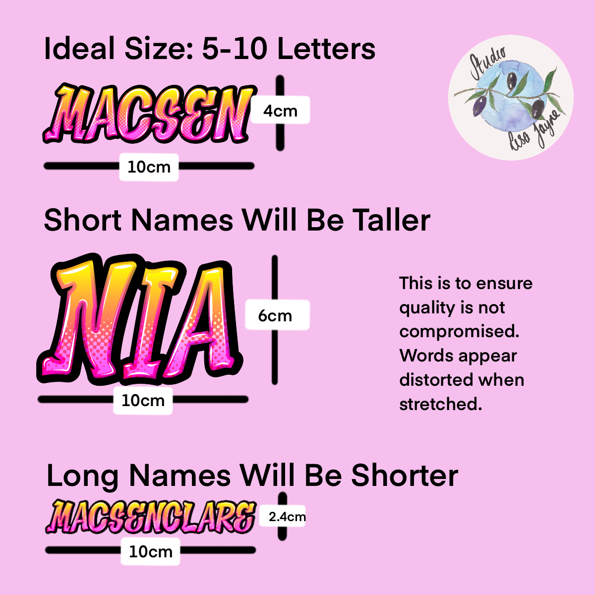 Graffiti Name Personalised Sticker Orange Pink Gradient stippling and comic style.  Infographic showing that shorter names like Nia will be tall (e.g. 6cm) and longer names will be shorter e.g. 2.4cm high