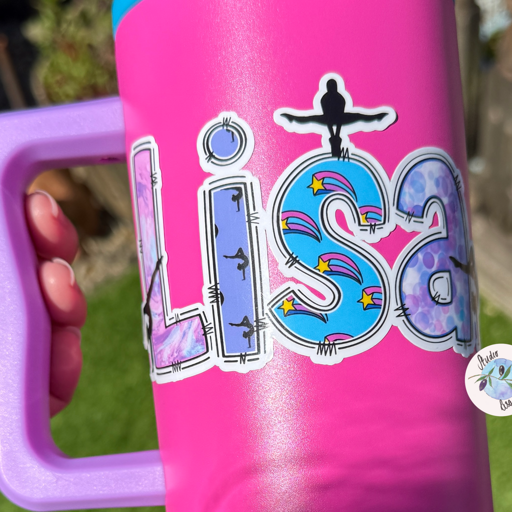 Gymnastics Name Sticker Applied to a notebook.  Waterproof personalised sports label for drink water bottle