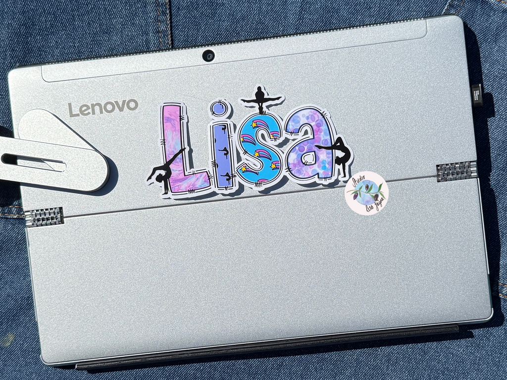 Gymnastics Name Sticker Applied to a notebook.  Waterproof personalised sports label for laptop, tablet, iPad