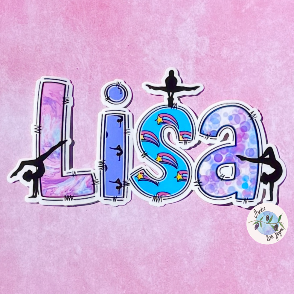 Gymnastics Name Sticker Applied to a notebook.  Waterproof personalised sports label 