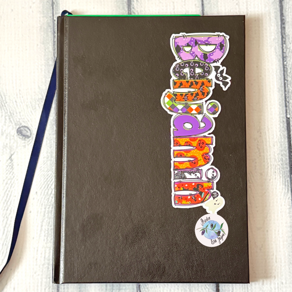 Halloween Cute Spooky Name Sticker.  Benjamin waterproof sticker applied to customise notebook