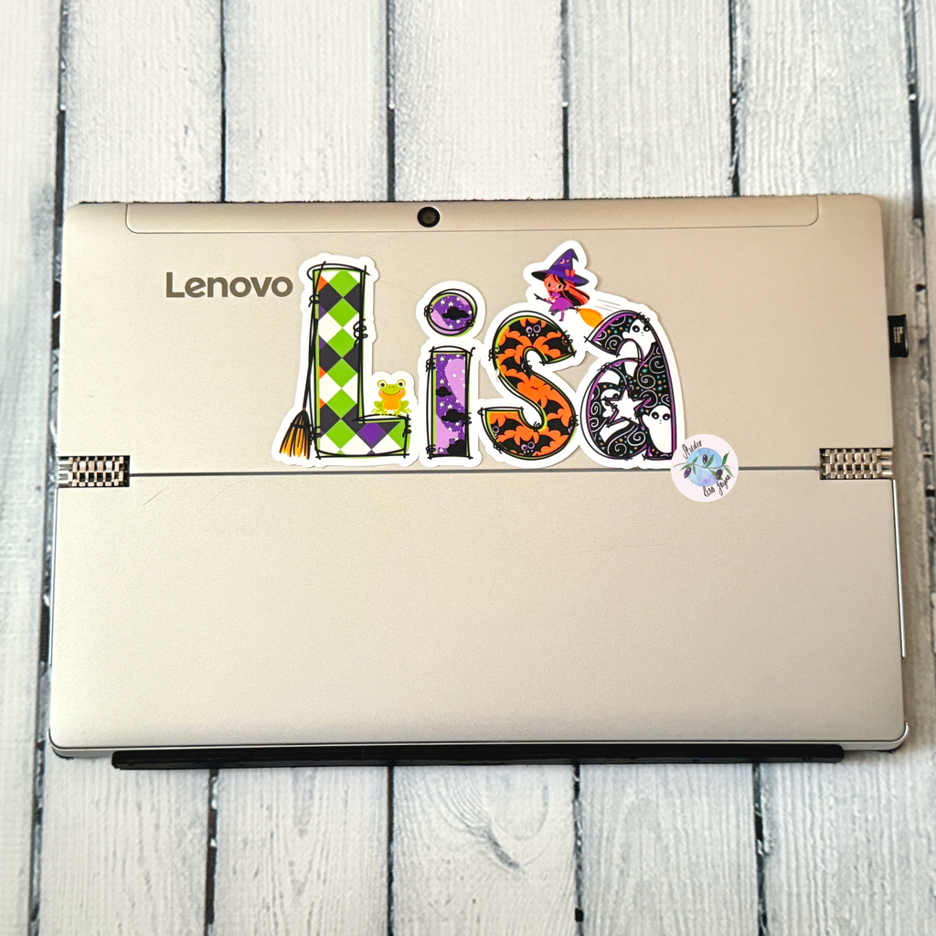Halloween Cute Spooky Name Sticker.  Lisa waterproof sticker applied to customise laptop