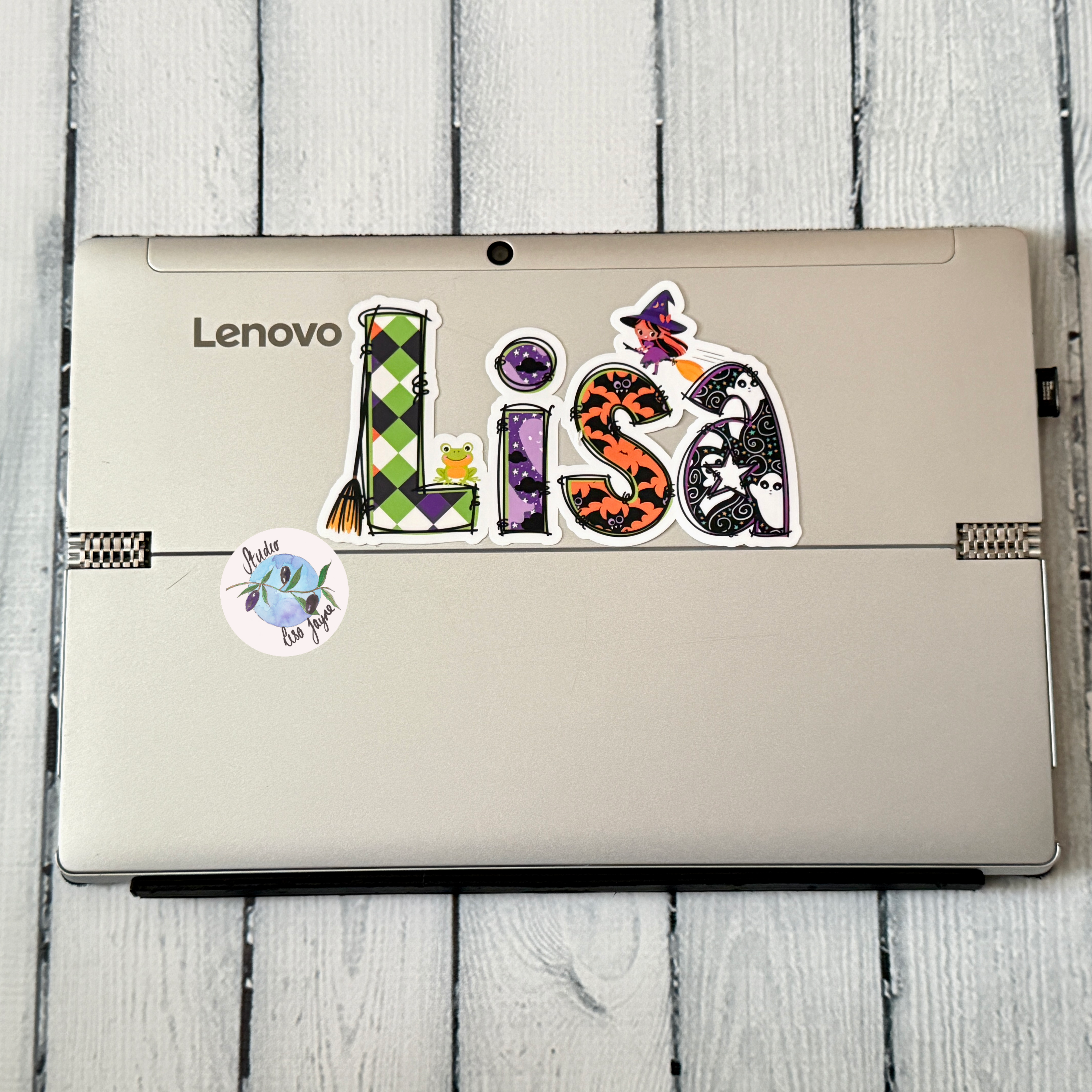 Halloween Cute Spooky Name Sticker.  Lisa waterproof sticker applied to customise laptop