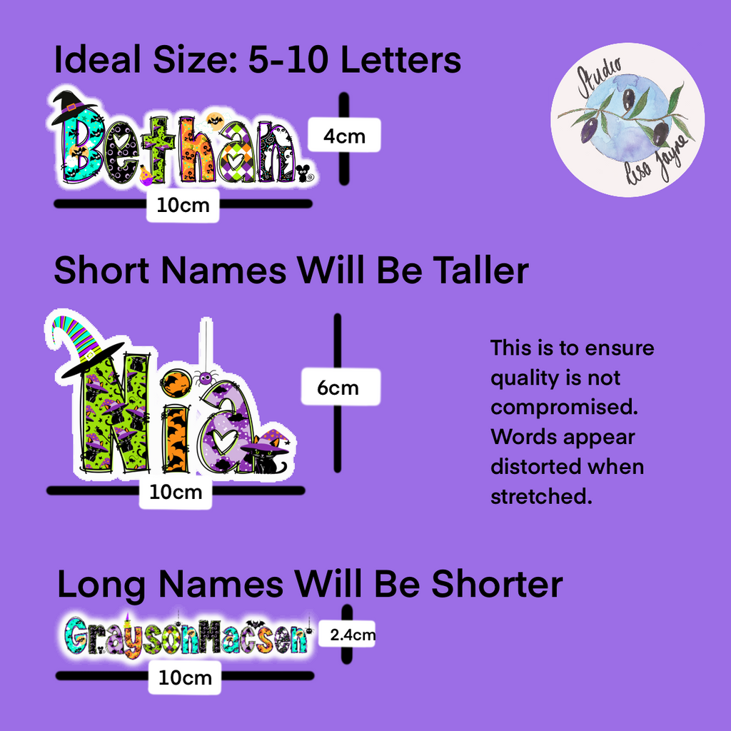 Halloween Cute Spooky Name Sticker.  Size chart showing that short names will be taller (e.g. 6cm) and long names will be shorter (e.g. 2.4cm)