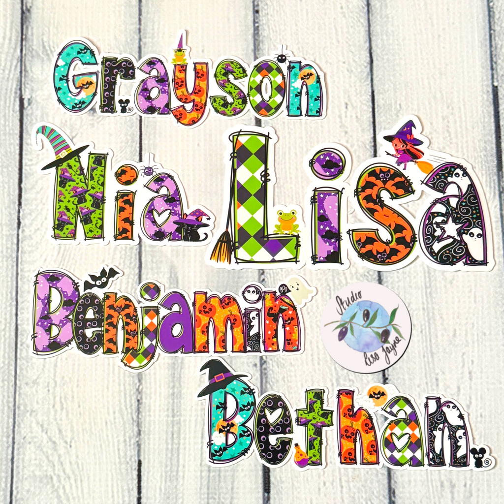 Halloween Cute Spooky Name Sticker.  Grayson, Nia, Lisa, Benjamin and Bethan waterproof stickers
