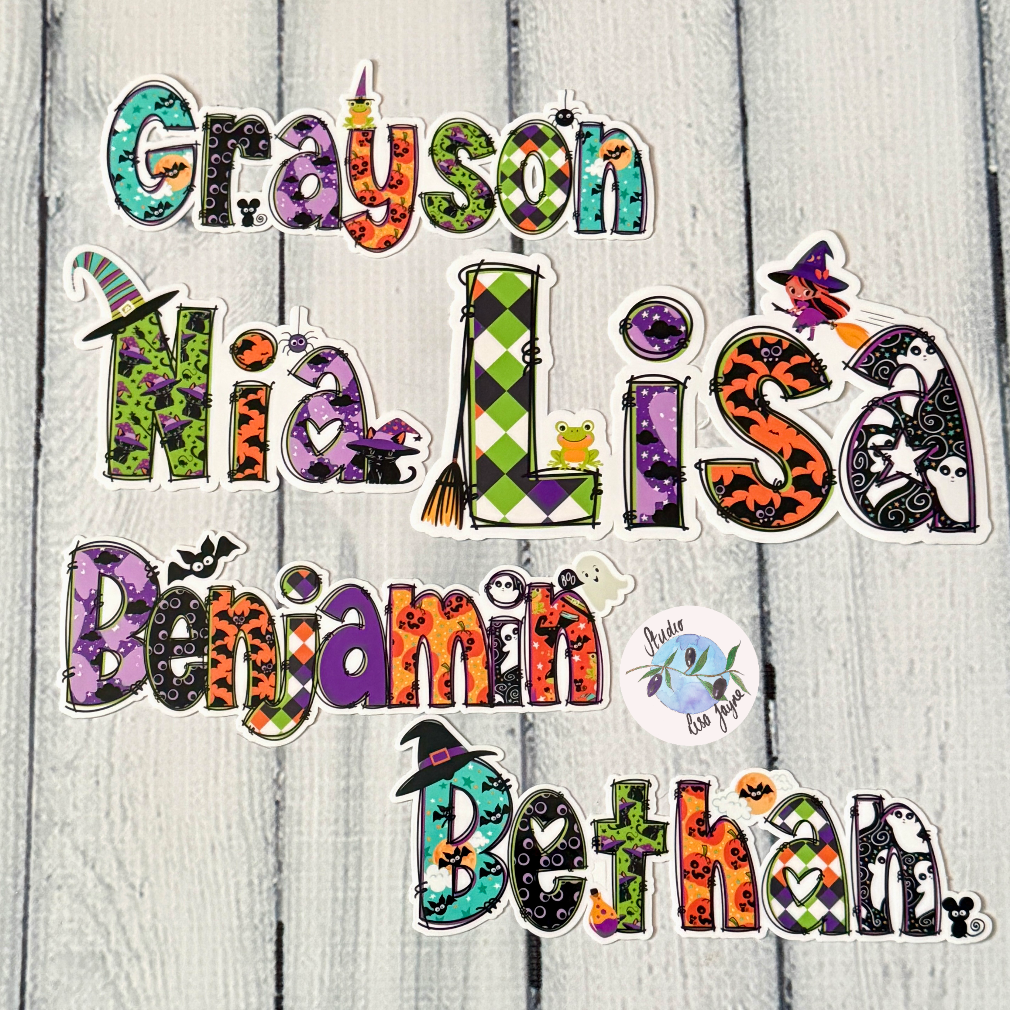Halloween Cute Spooky Name Sticker.  Grayson, Nia, Lisa, Benjamin and Bethan waterproof stickers