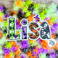 Halloween Themed Cute Spooky Personalised Waterproof Vinyl Name Sticker.  Name Lisa hovering above a huge bundle of green, black, purple and orange plastic spiders