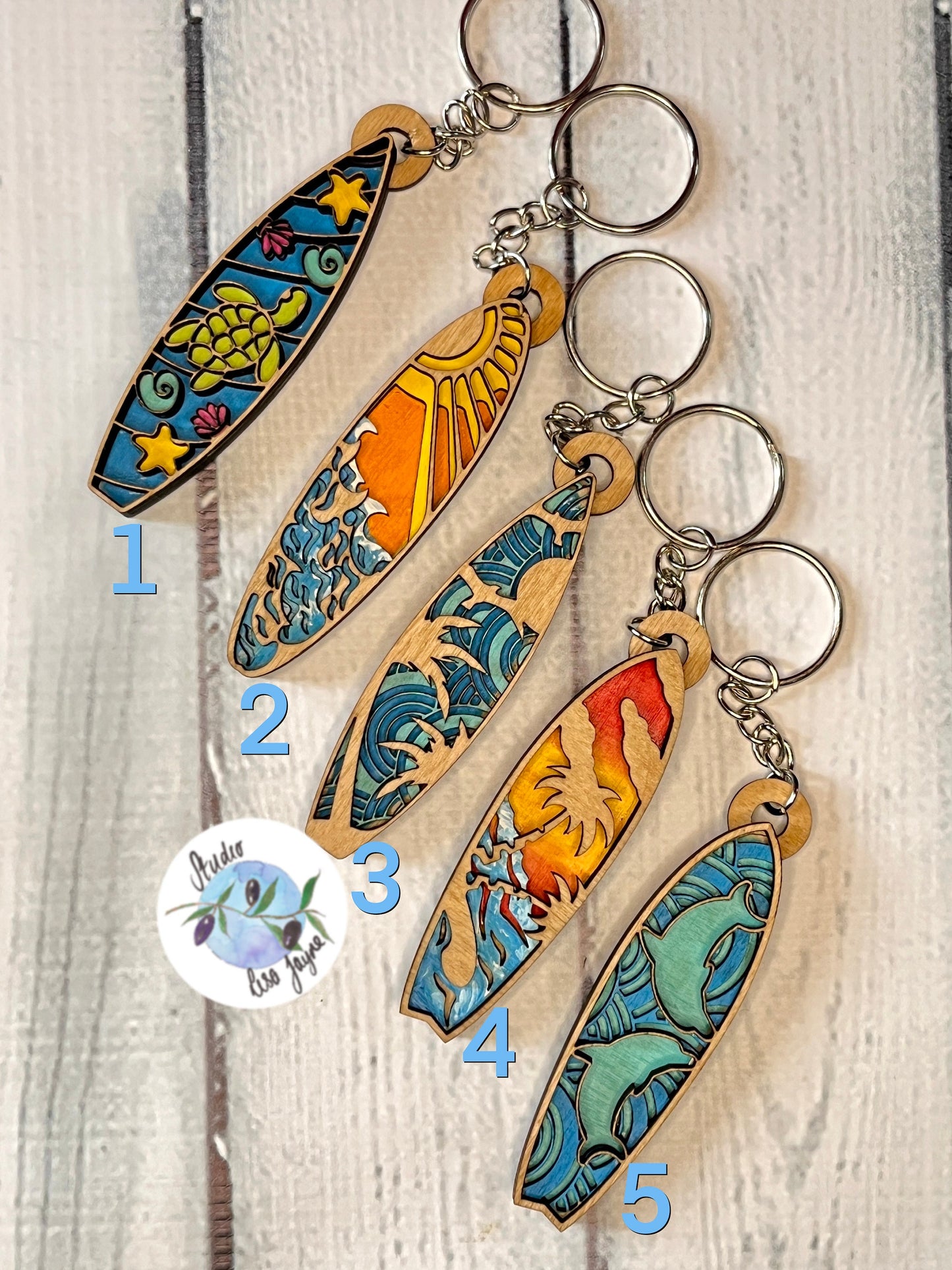 Handmade hand painted  Surfboard Layered Wooden Painted Keyring Keychain - dolphin, turtle underwater, sun rays, palm trees, ocean, waves, seagulls - list of options