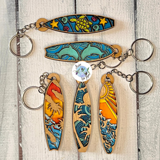 Handmade hand painted  Surfboard Layered Wooden Painted Keyring Keychain - dolphin, turtle underwater, sun rays, palm trees, ocean, waves, seagulls - all designs