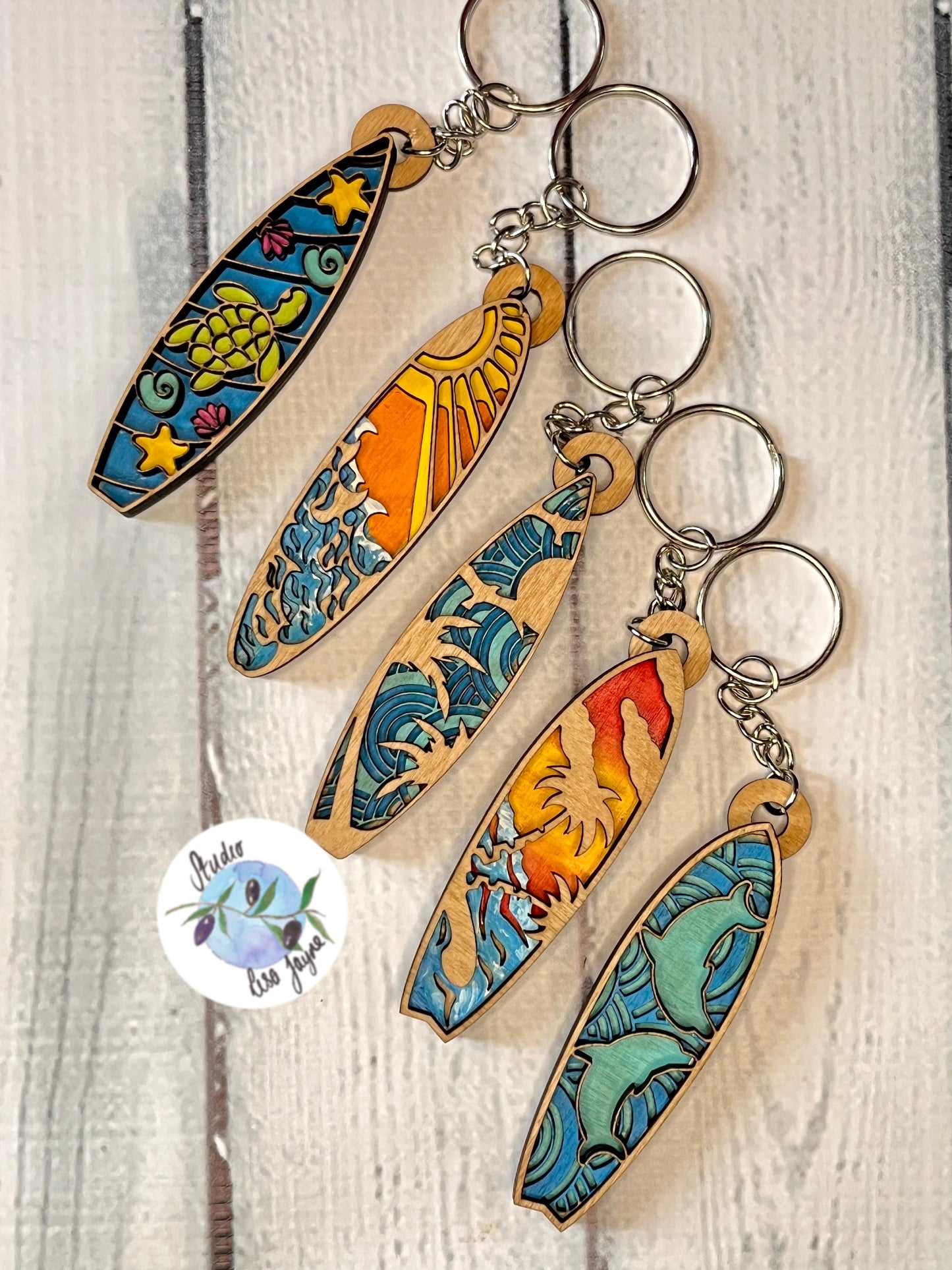 Handmade hand painted  Surfboard Layered Wooden Painted Keyring Keychain - dolphin, turtle underwater, sun rays, palm trees, ocean, waves, seagulls - all designs inline 