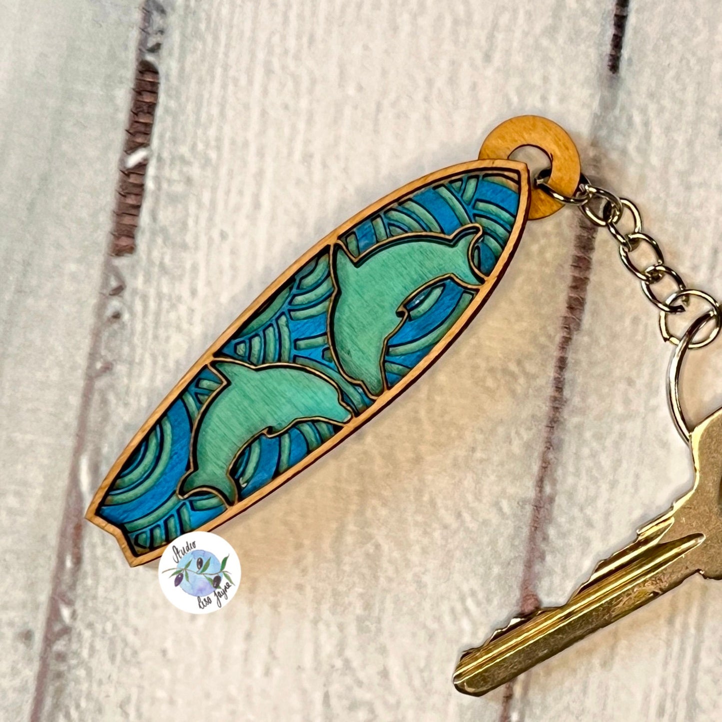 Handmade hand painted  Surfboard Layered Wooden Painted Keyring Keychain - dolphin, underwater, ocean, waves