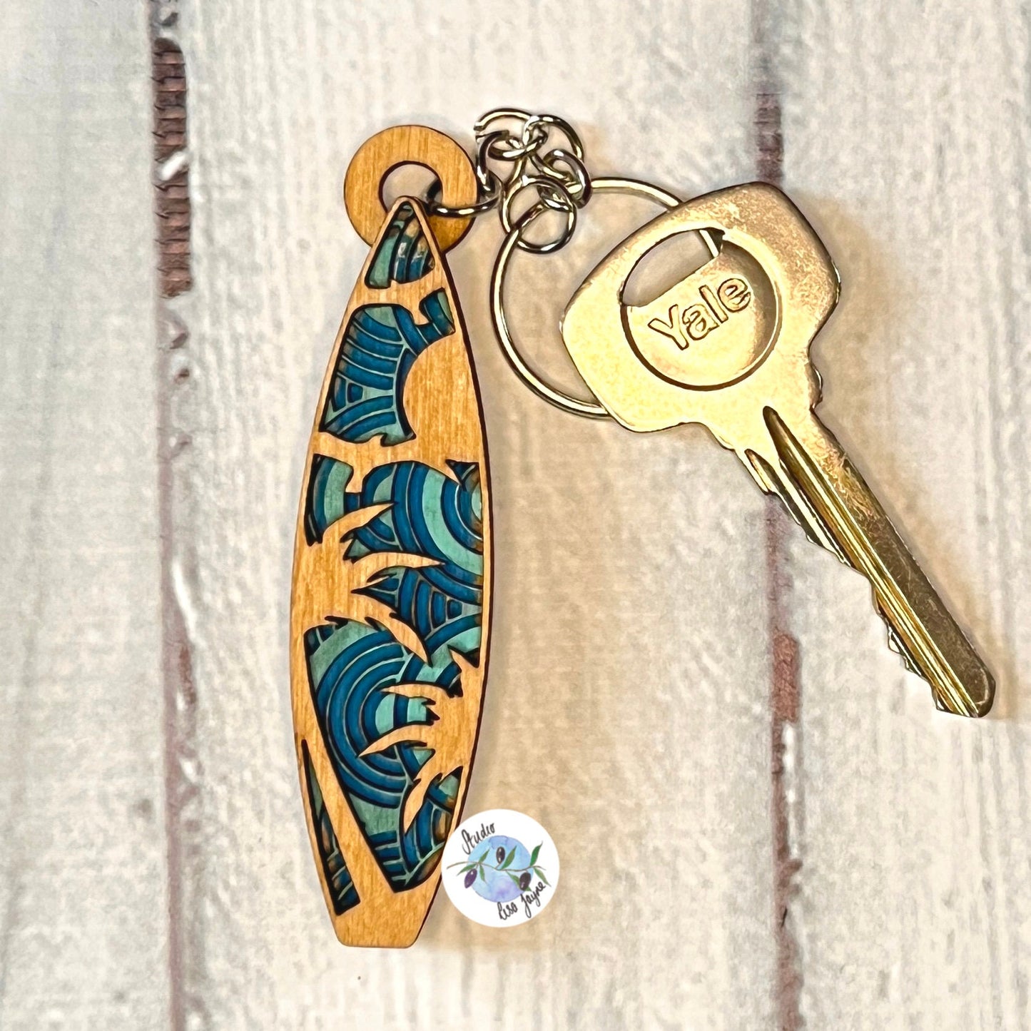 Handmade hand painted  Surfboard Layered Wooden Painted Keyring Keychain - underwater, palm trees, ocean, waves, seagulls