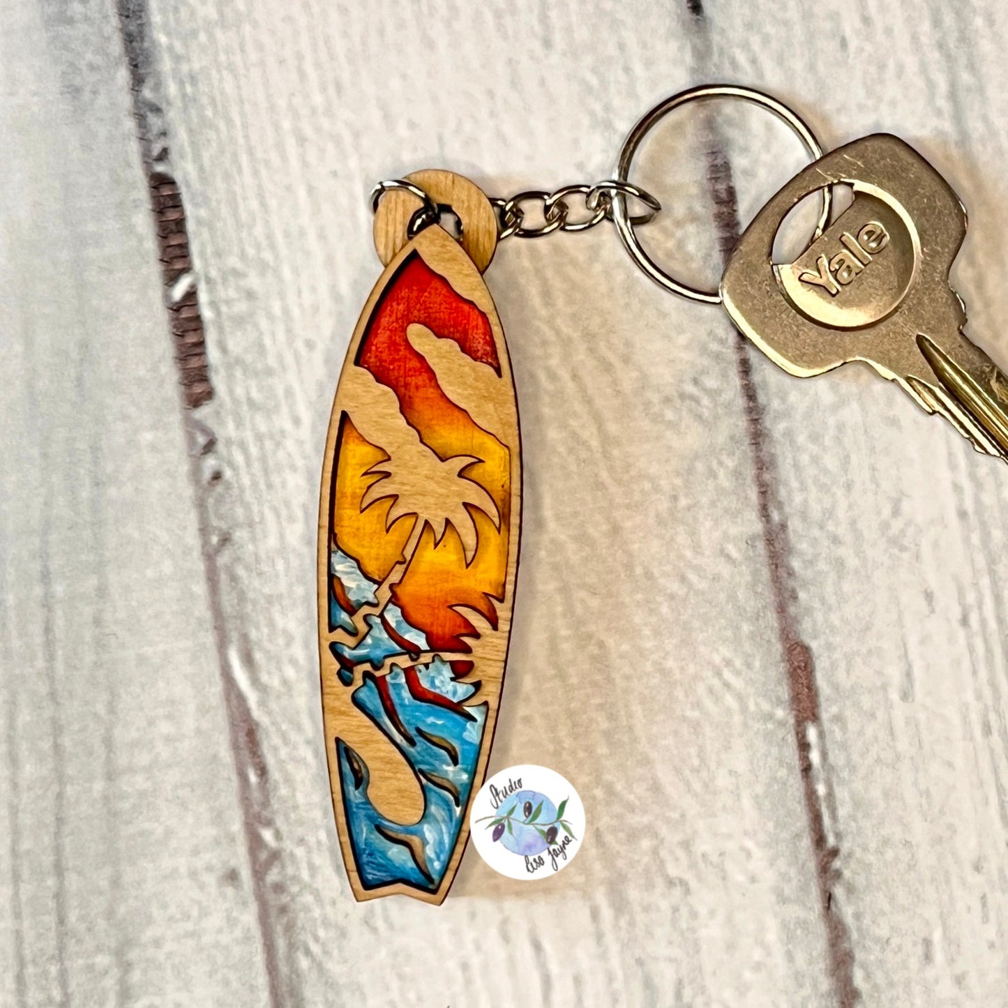 Handmade hand painted  Surfboard Layered Wooden Painted Keyring Keychain - underwater, sun rays, palm trees, ocean, waves