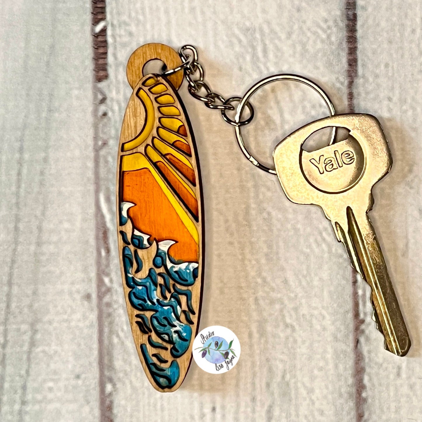 Handmade hand painted  Surfboard Layered Wooden Painted Keyring Keychain - underwater, sun rays, ocean, waves