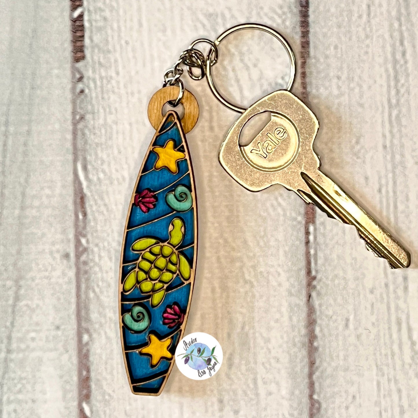 Handmade hand painted  Surfboard Layered Wooden Painted Keyring Keychain - turtle, underwater ocean, sea shells, starfish