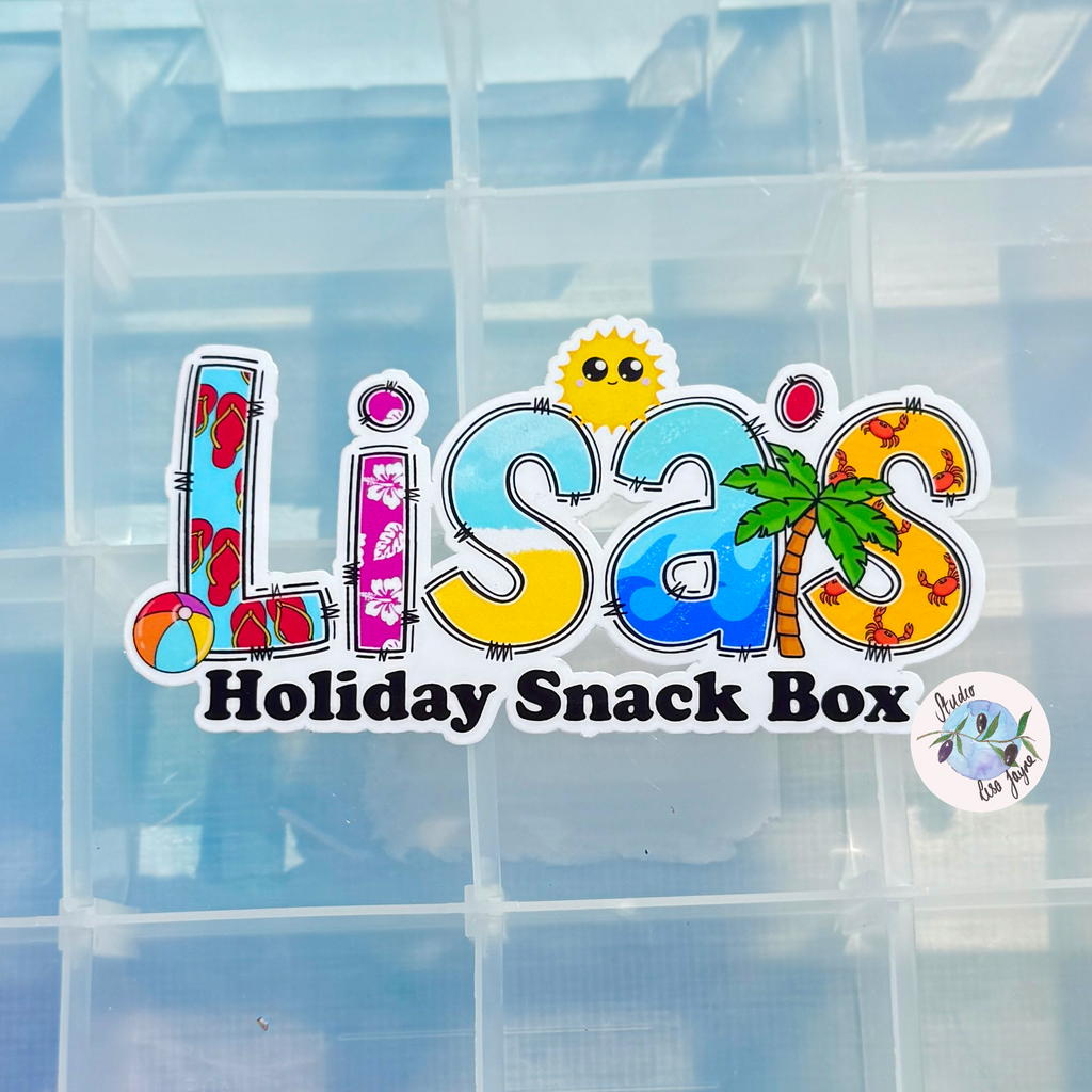 Holiday Snack Box Stickers - Waterproof Travel decals.

Ideal for labelling Suitcase,  Covering Photo Album or to Name Labels anything.

Lisa's Holiday Snack Box applied to snack box