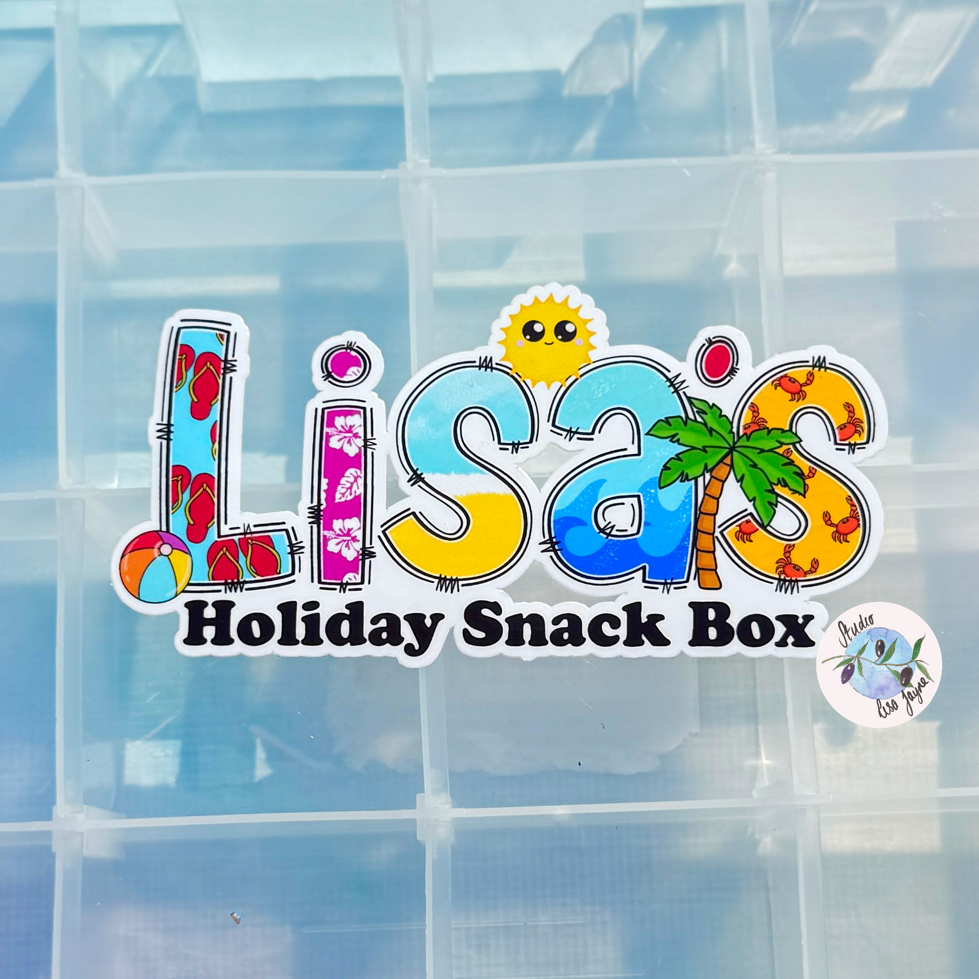 Holiday Snack Box Stickers - Waterproof Travel decals.

Ideal for labelling Suitcase,  Covering Photo Album or to Name Labels anything.

Lisa's Holiday Snack Box applied to snack box